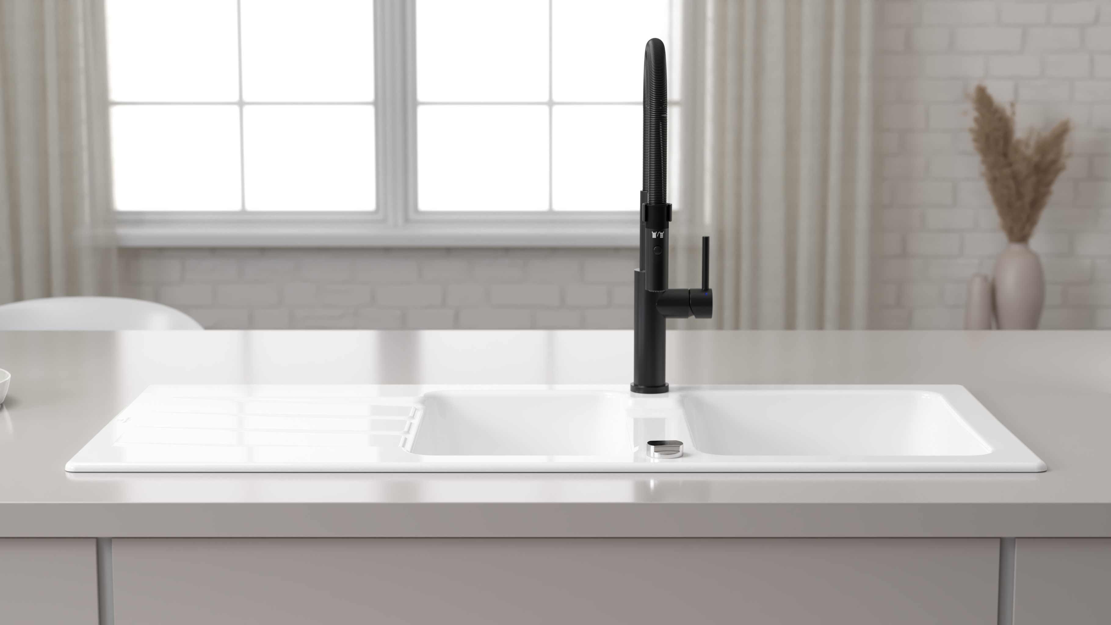 Evier en céramique 2 bacs 116 x 51 cm vidage inclus Crystal blanc - 2