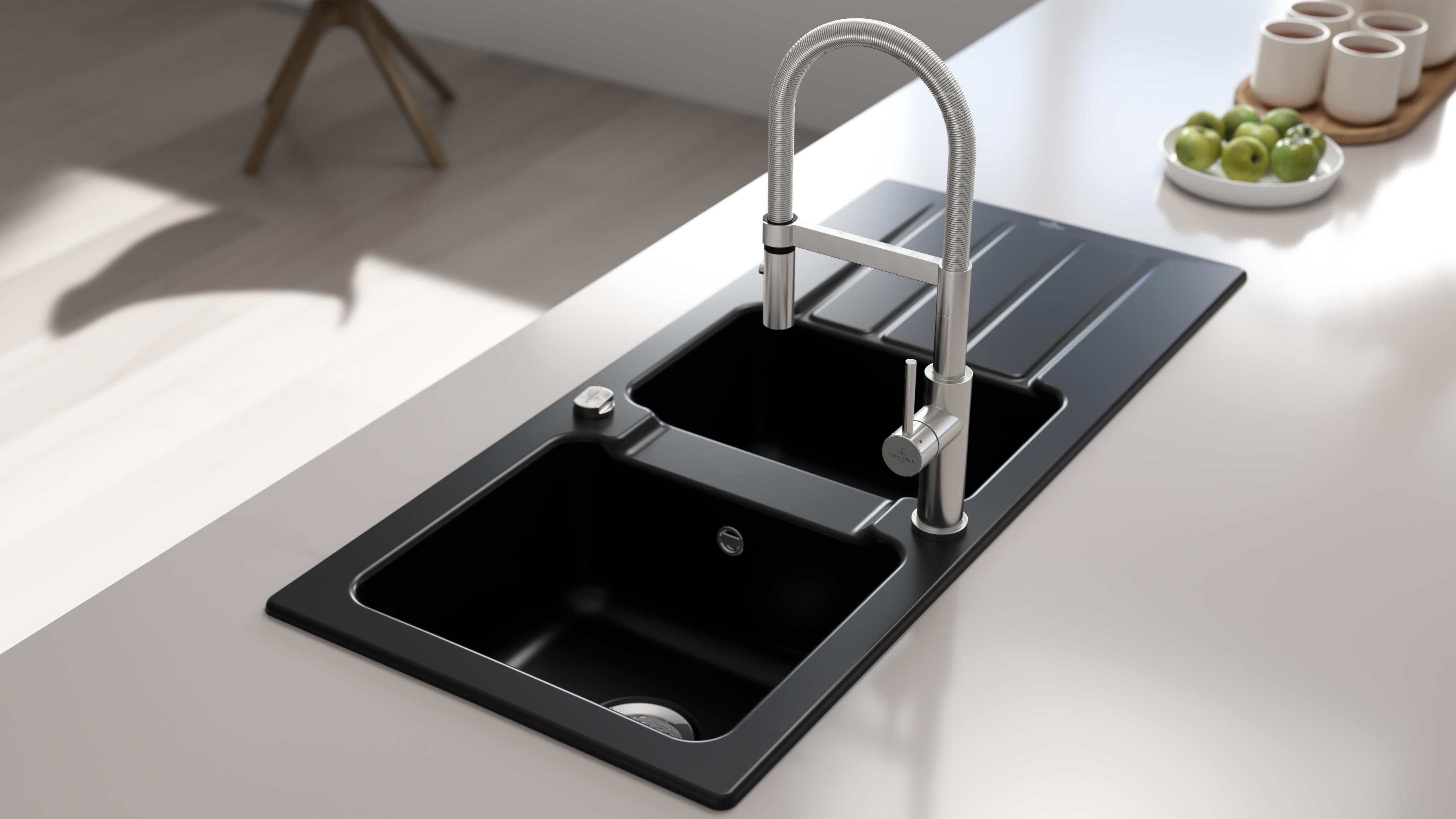 Evier en céramique 2 bacs 116 x 51 cm vidage inclus Crystal noir - 3