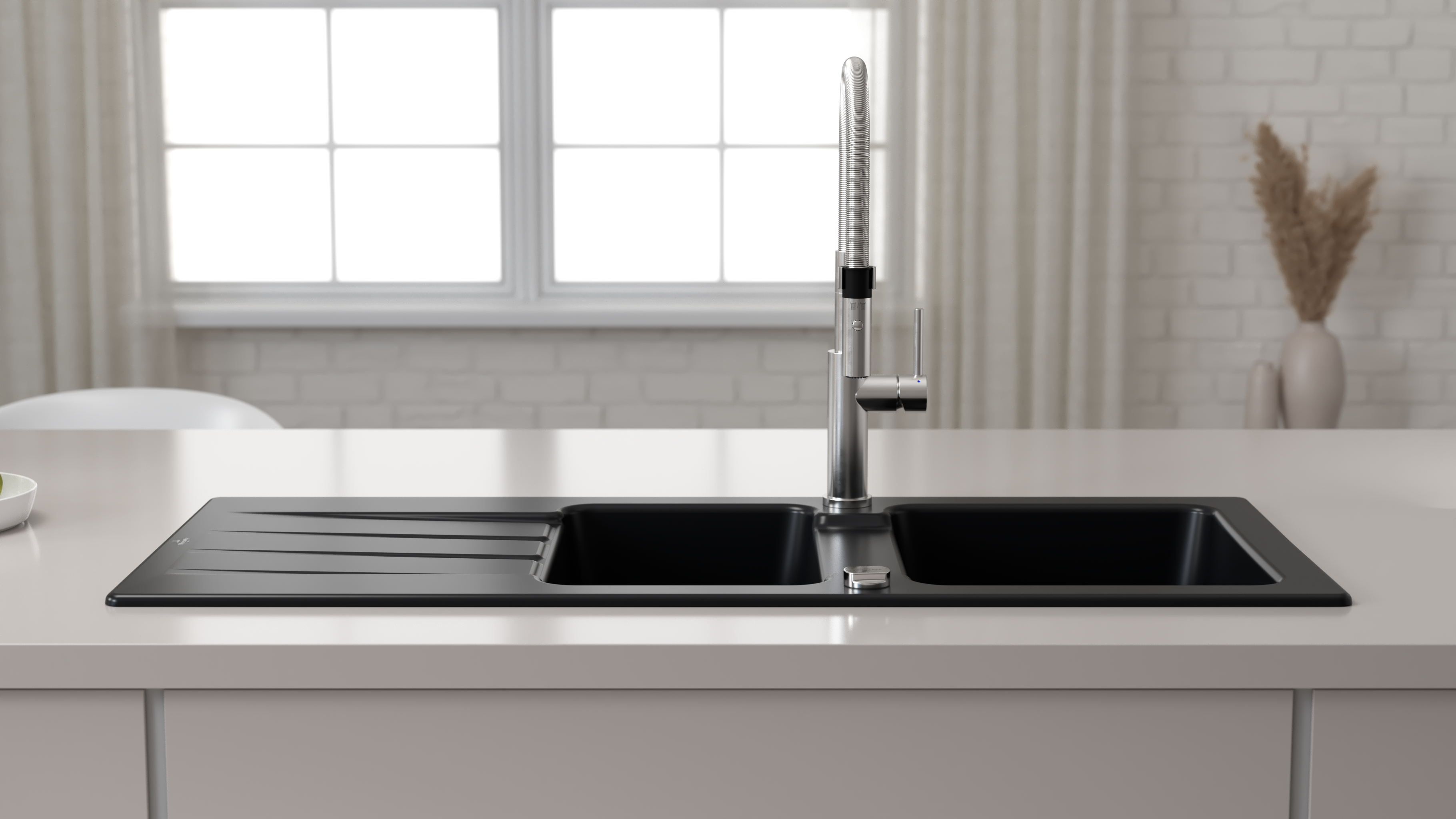 Evier en céramique 2 bacs 116 x 51 cm vidage inclus Crystal noir - 2