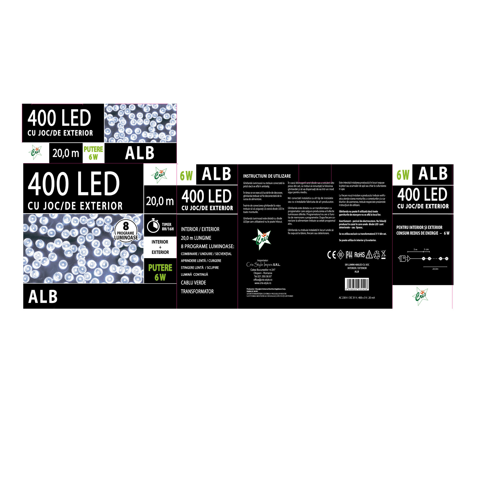 Instalatie de Craciun, 400 LED-uri, lungime 20 m, lumina alb rece