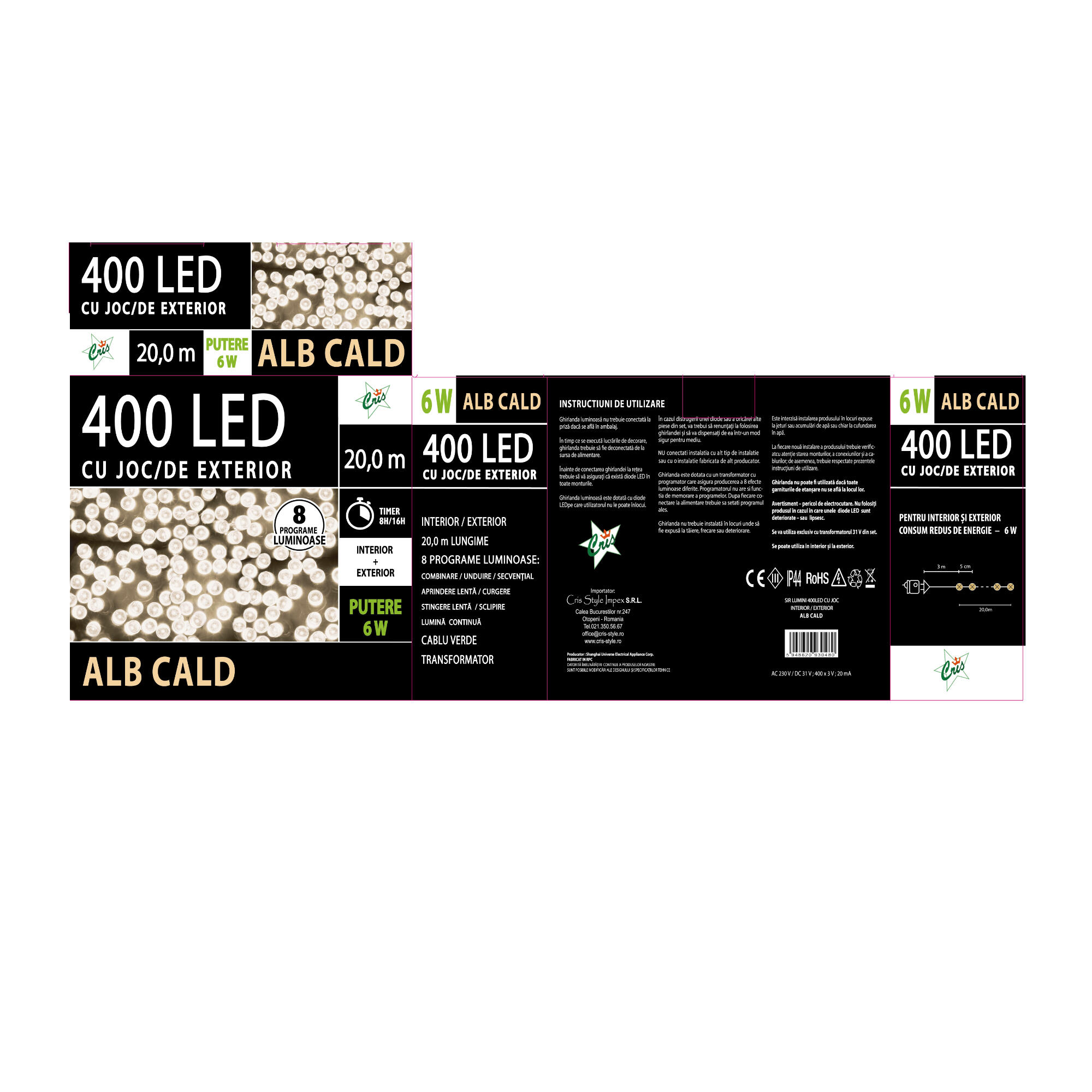 Instalatie de Craciun, 400 LED-uri, lungime 20 m, lumina alb cald