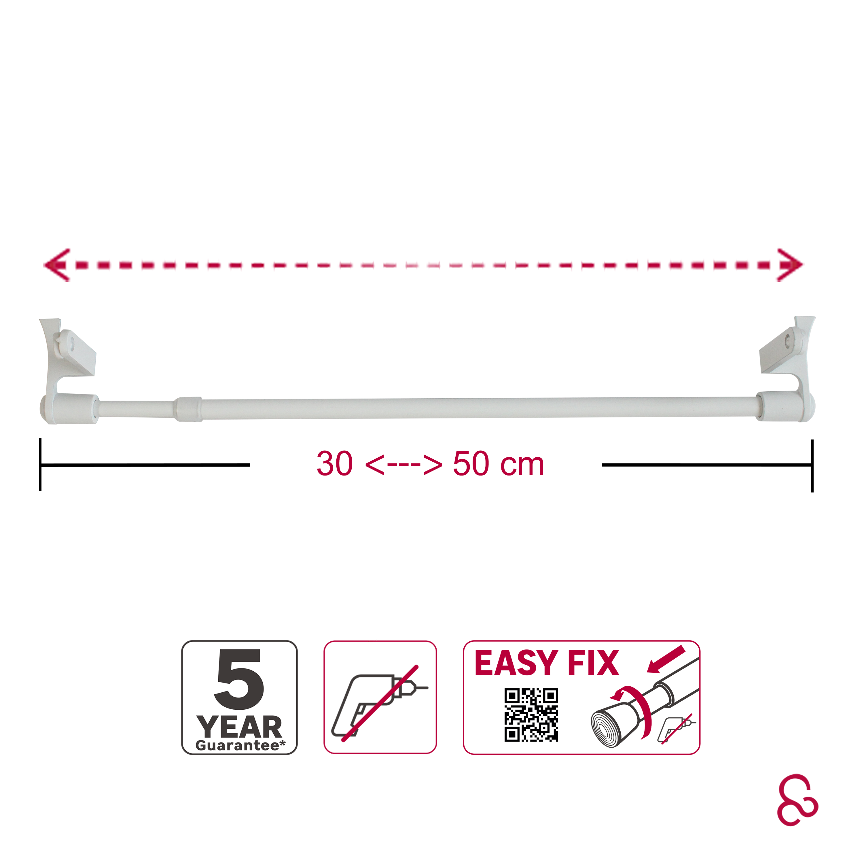 Kit de barre de vitrage sans perçage blanc Nubo, L.30 - 50 cm, diam.9 mm, INSPIR - 3