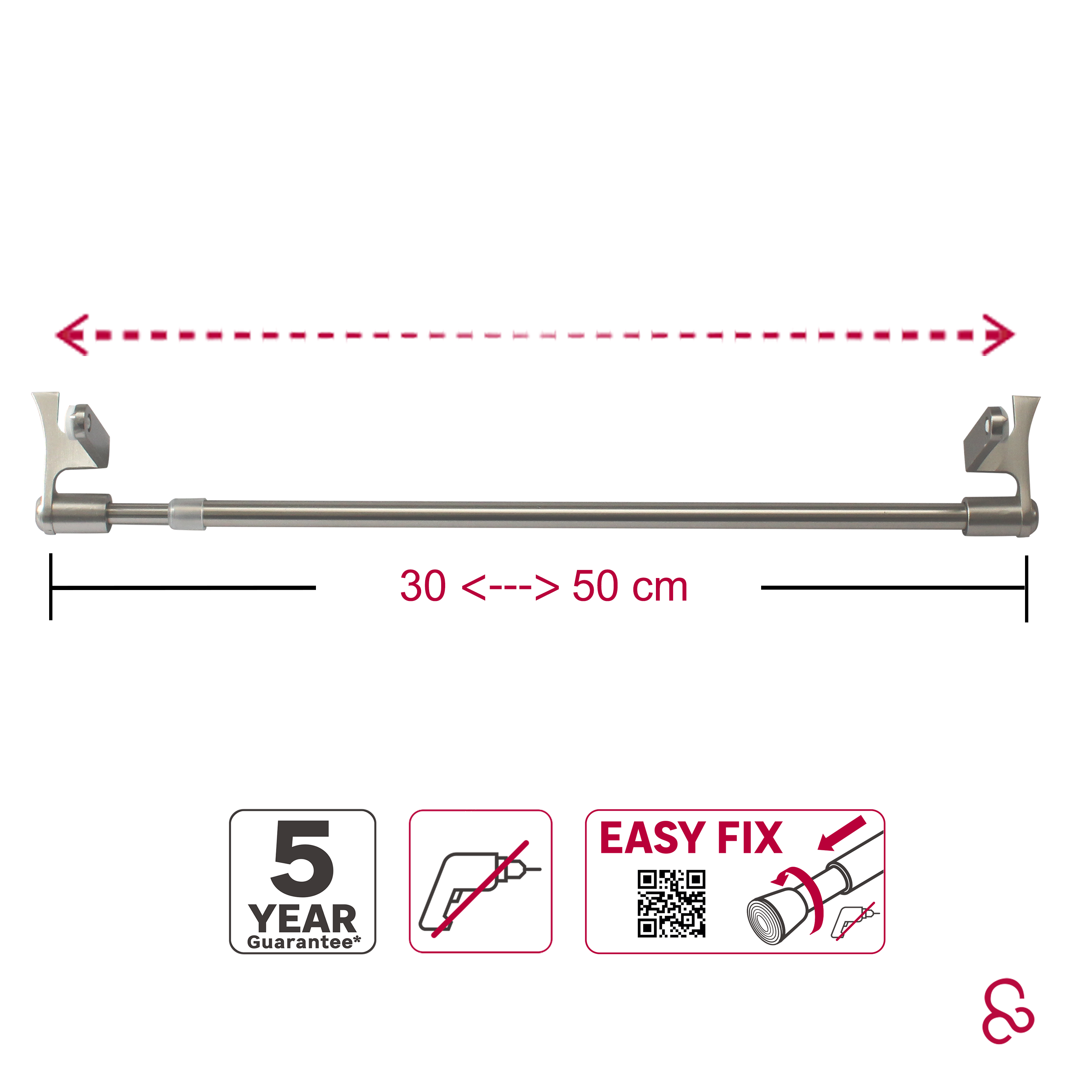 Kit de barre de vitrage sans perçage nickel Nubo, L.30 - 50 cm, diam.9 mm, INSPI - 2