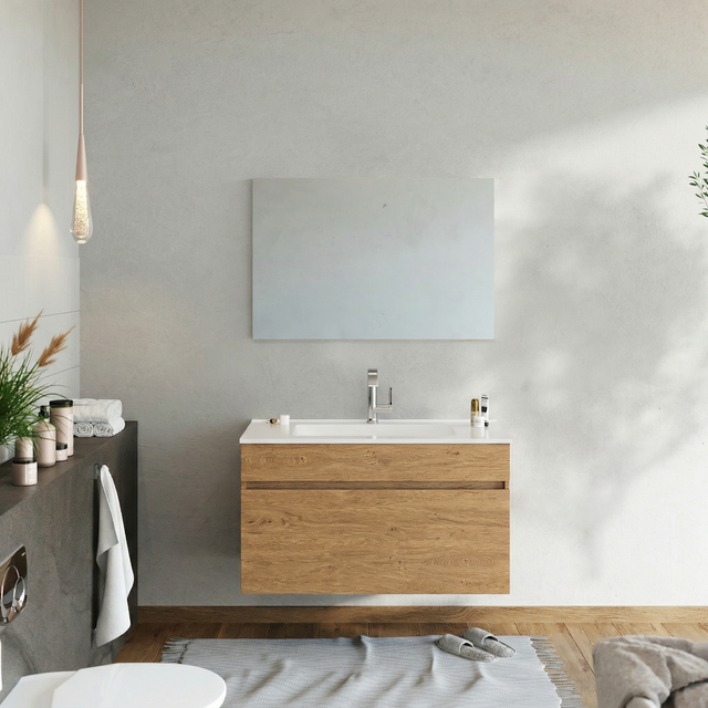 Base porta lavabo Bogota 80 cm con lavabo in ceramica e specchio, rovere naturale, 1 cassetto