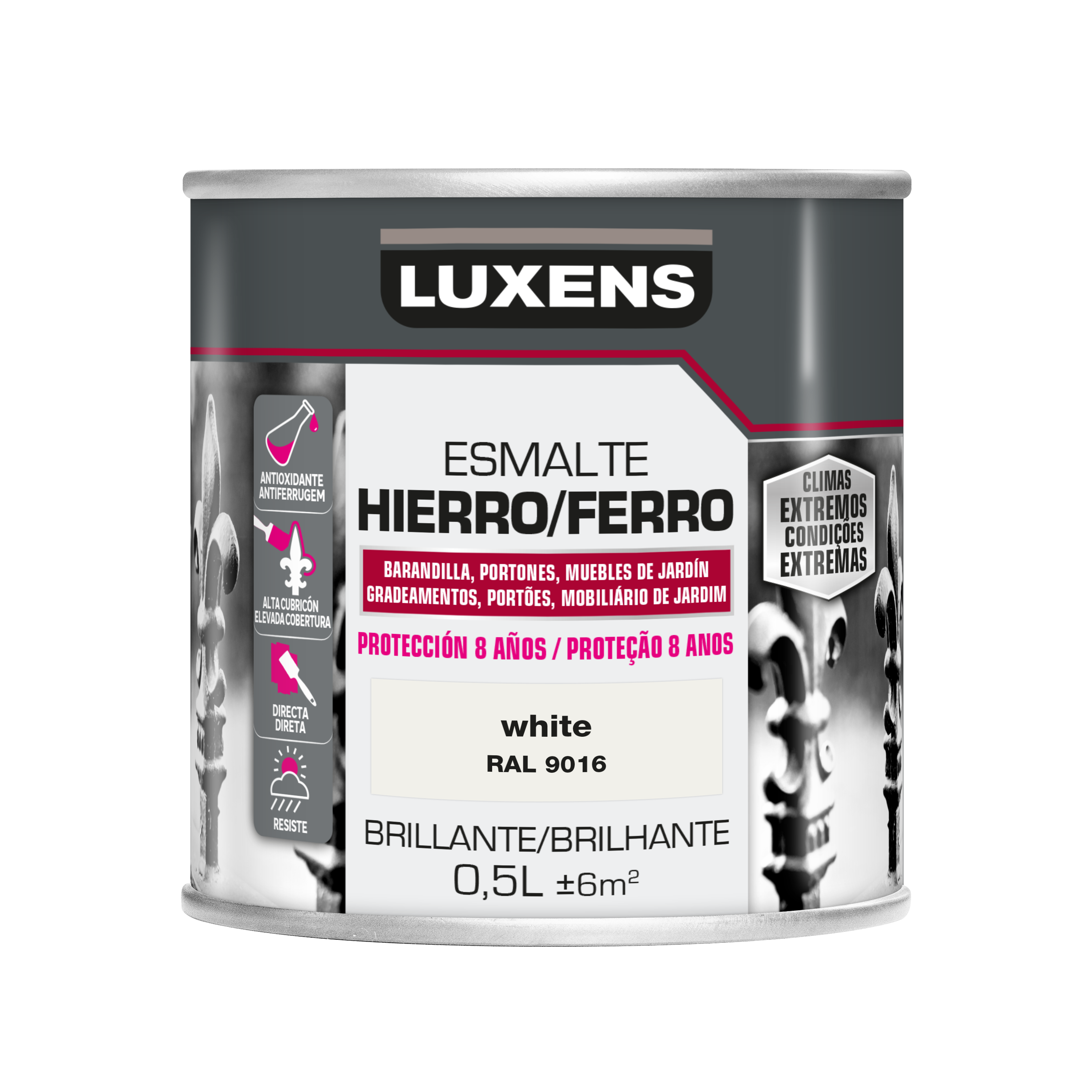 Pintura exterior color white para hierro, mobiliario de jardín LUXENS brillante 500ml al disolvente aplicación directa sobre el óxido - 2