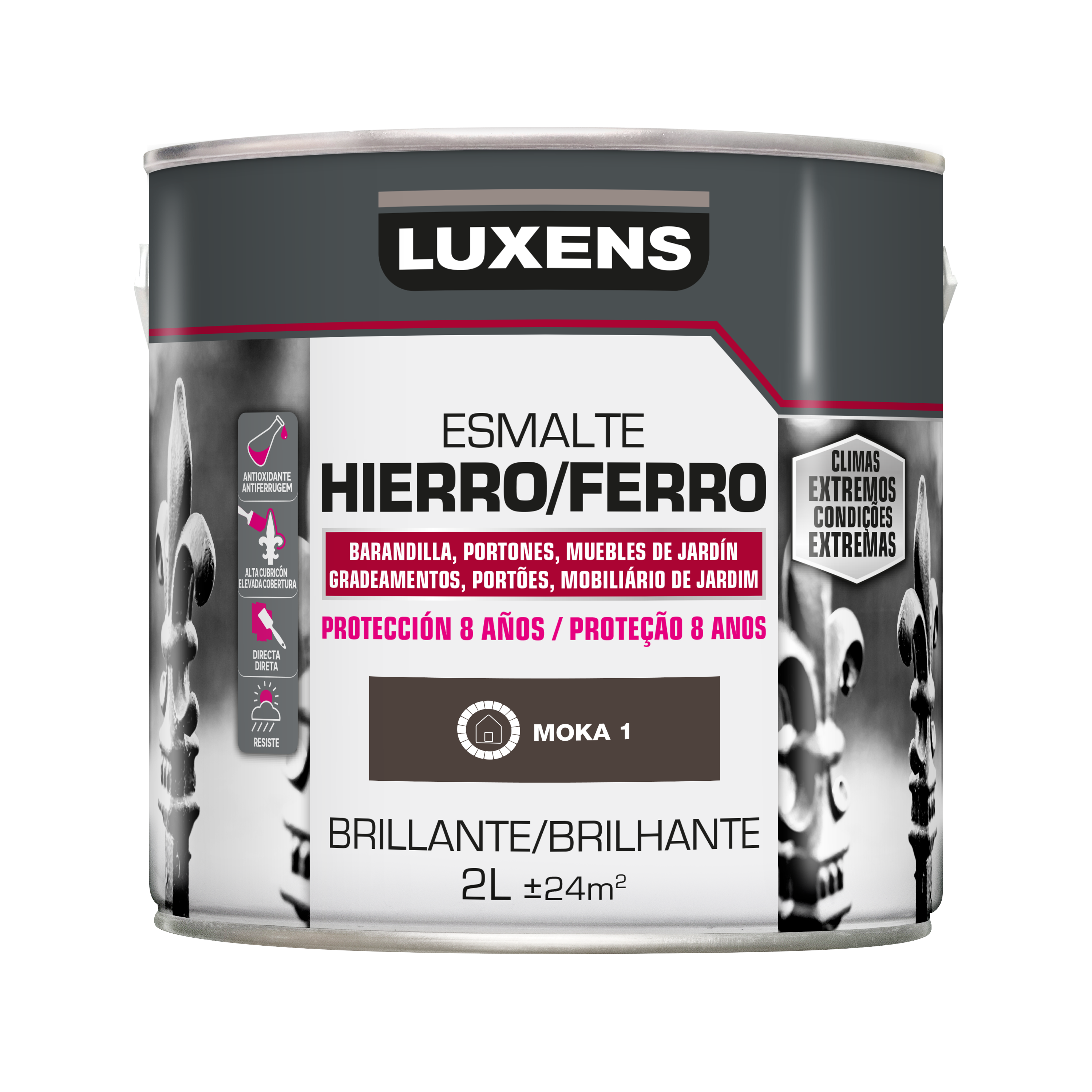 Pintura exterior color moka 1 para hierro, mobiliario de jardín LUXENS brillante 2L al disolvente aplicación directa sobre el óxido - 2