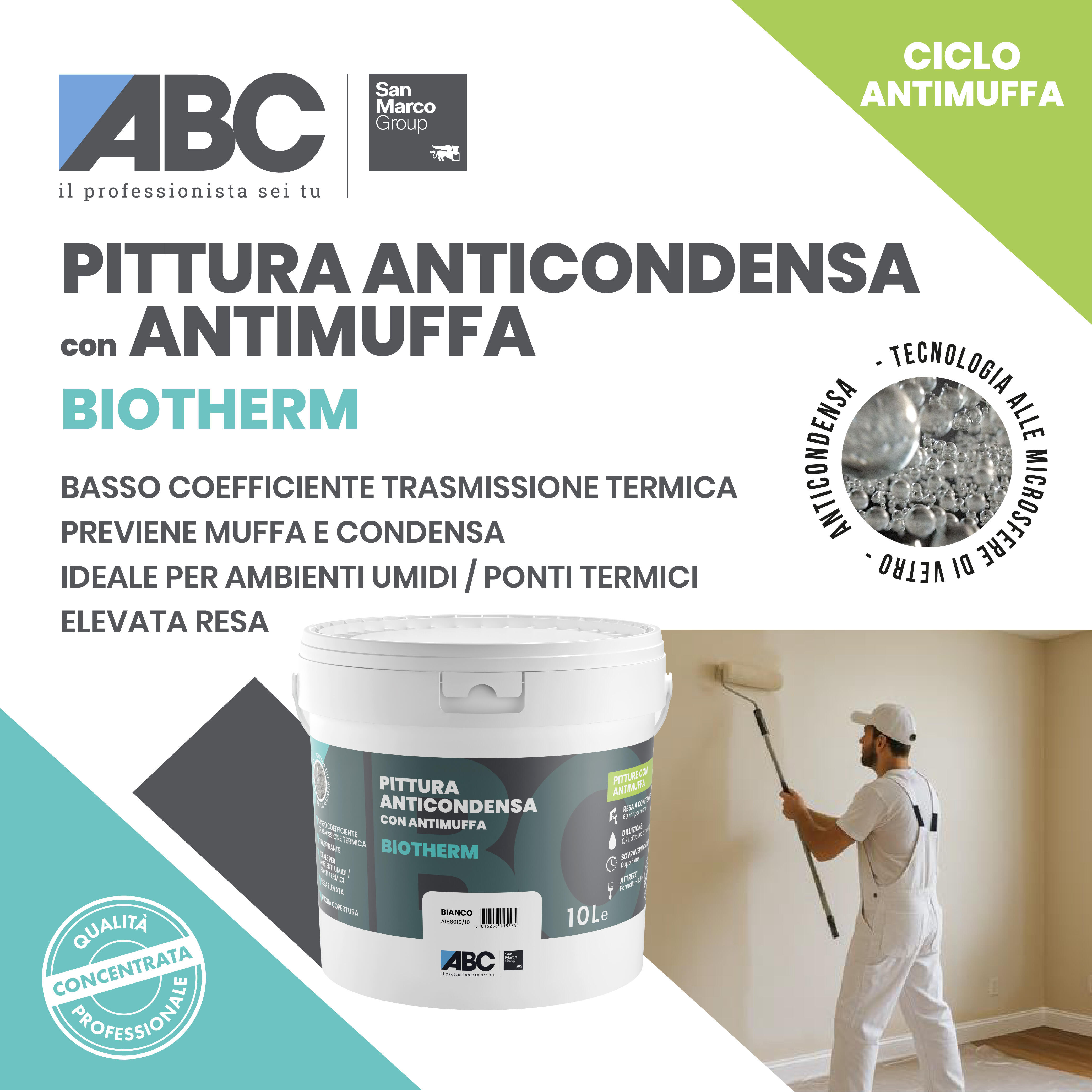 Pittura per interni per parete, bagno e soffitto antiumidità, antimuffa, anti-condensa, ABC Biotherm atermica anticondensa bianco opaco, 10 L - 2