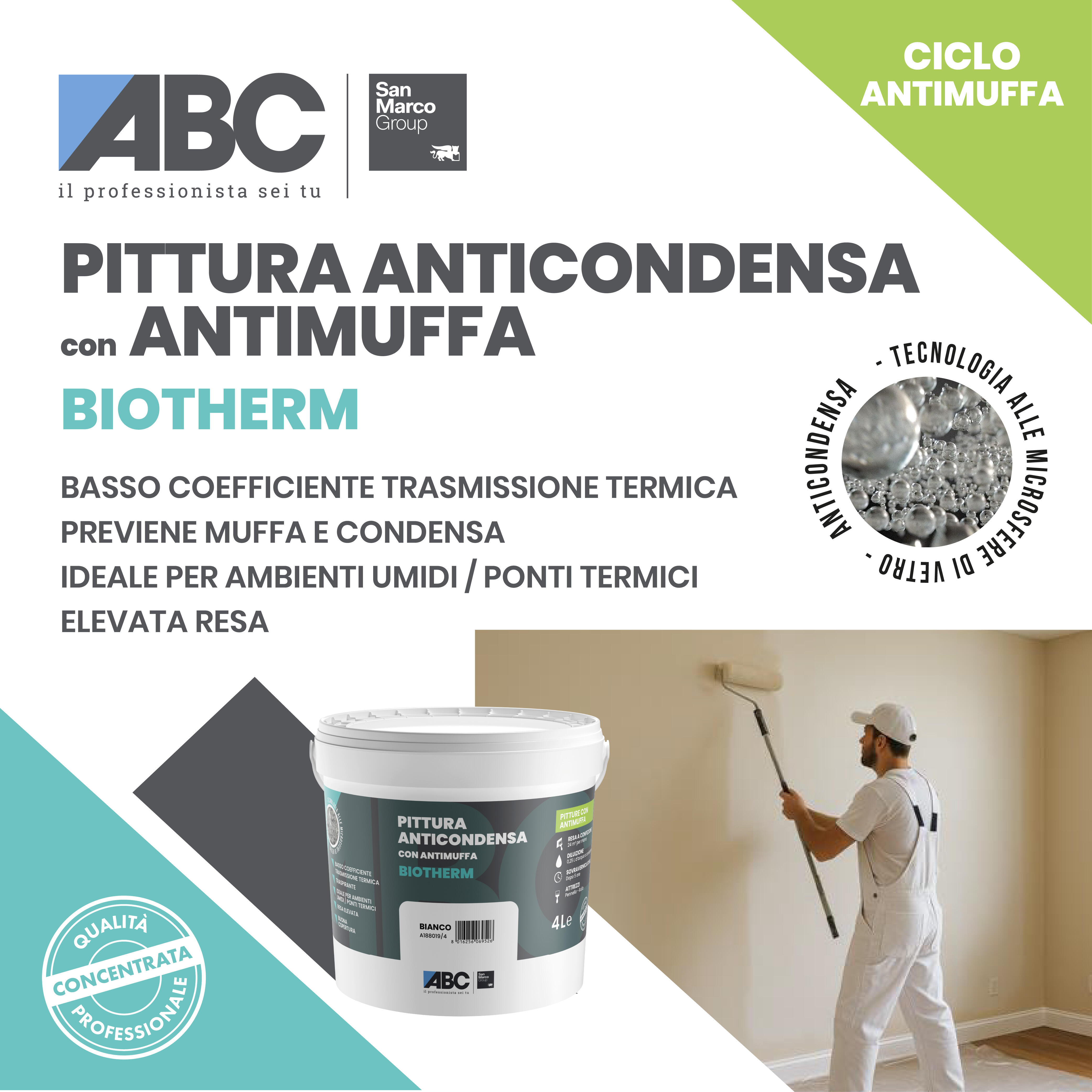 Pittura per interni per parete, bagno e soffitto antiumidità, antimuffa e anti-condensa, ABC Biotherm atermica bianco opaco, 4 L - 2