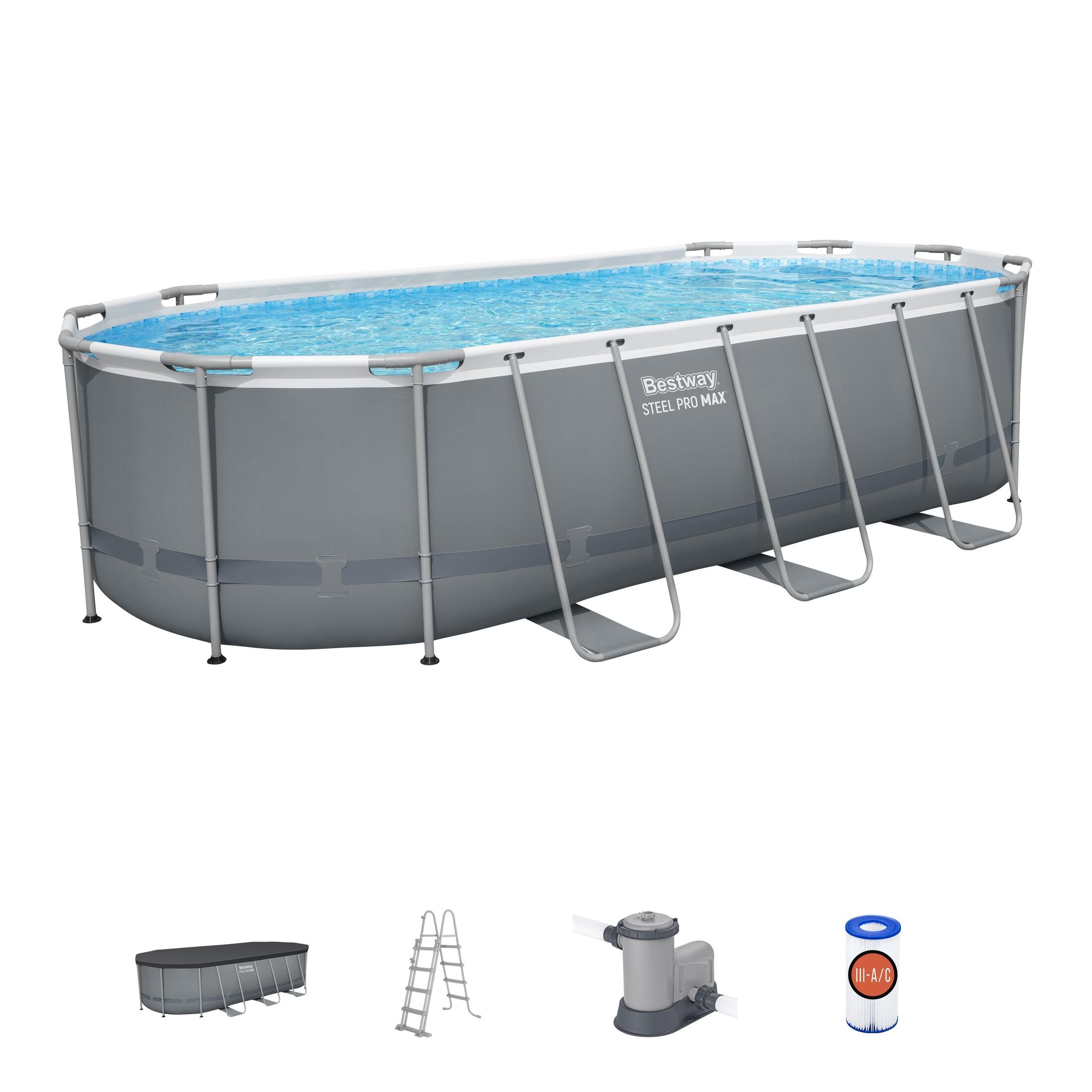 Piscina tubular de acero gris ovalada 5.49x2.74x1.1 m con depuradora de cartucho y escalera de seguridad bestway