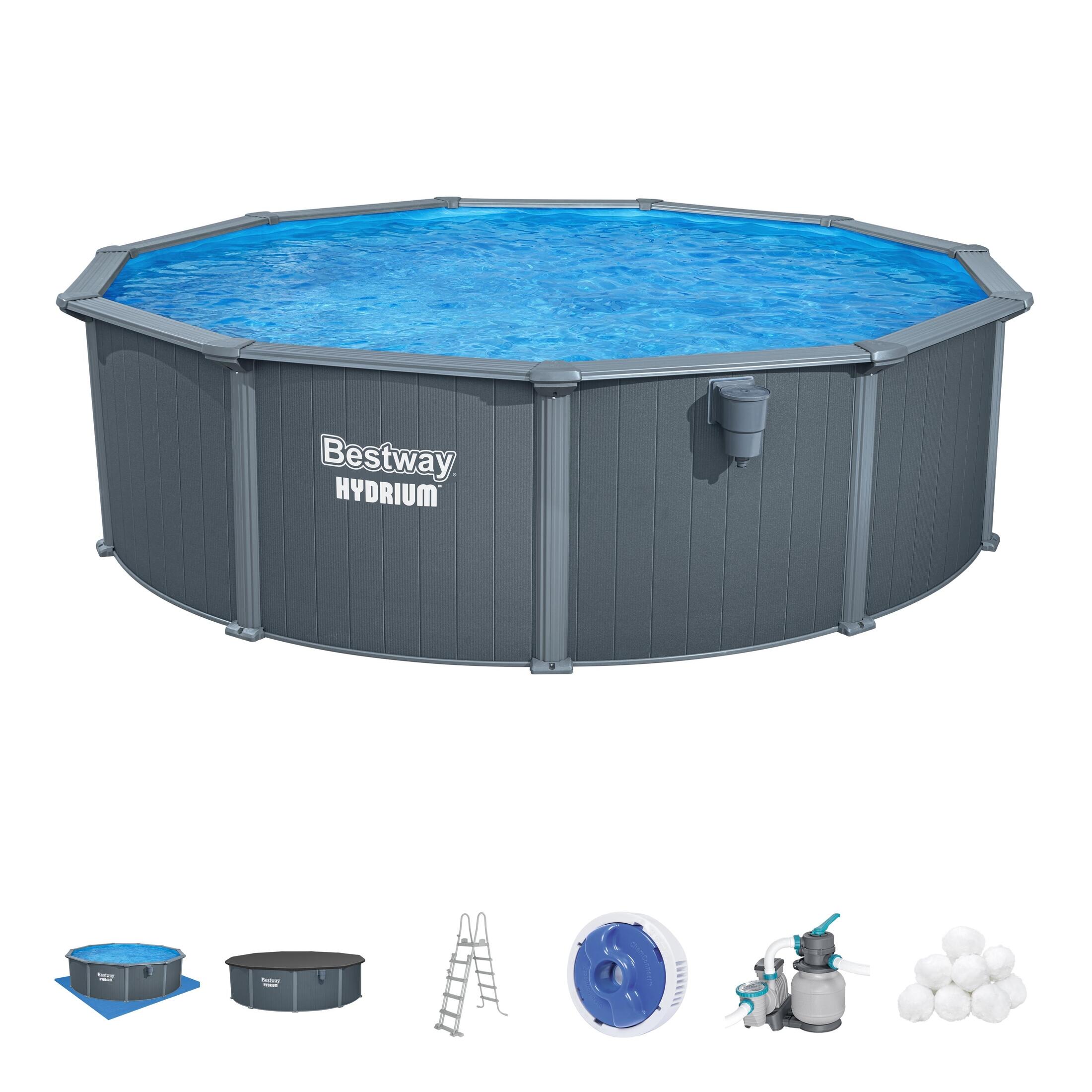 Piscina elevada de acero gris ovalada 4.88x4.88x1.32 m con depuradora de arena y escalera de seguridad bestway