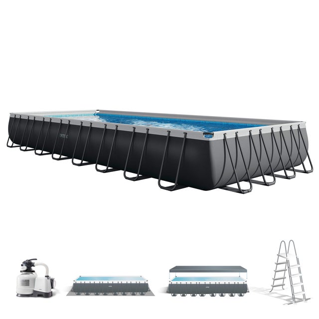 Piscina tubular de PVC negra rectangular 9.35x4.48x1.32 m con depuradora de arena y escalera de seguridad INTEX