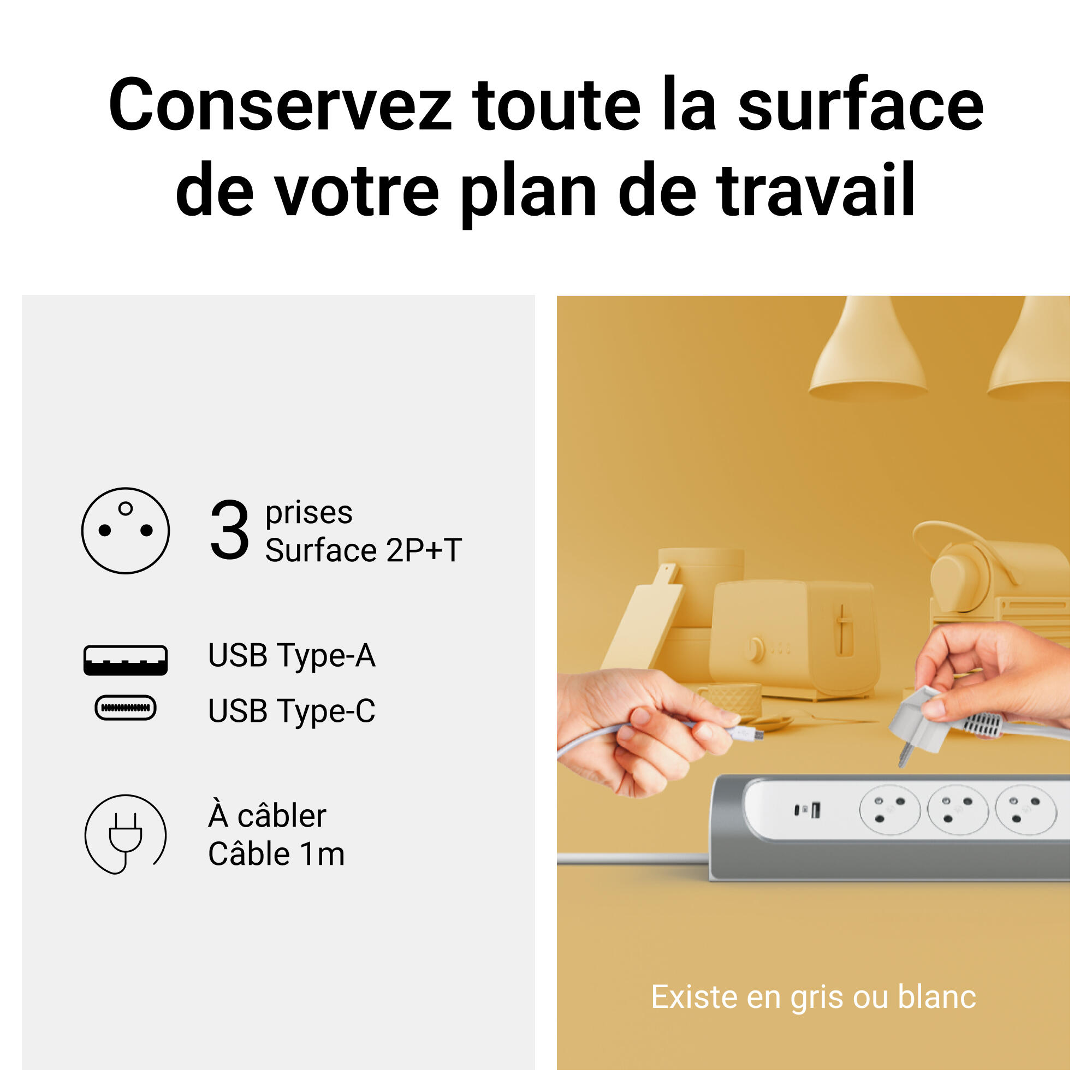 Multiprise d'angle 3 prises 1m avec 1 USB-A + 1 USB-C aluminium LEGRAND - 5
