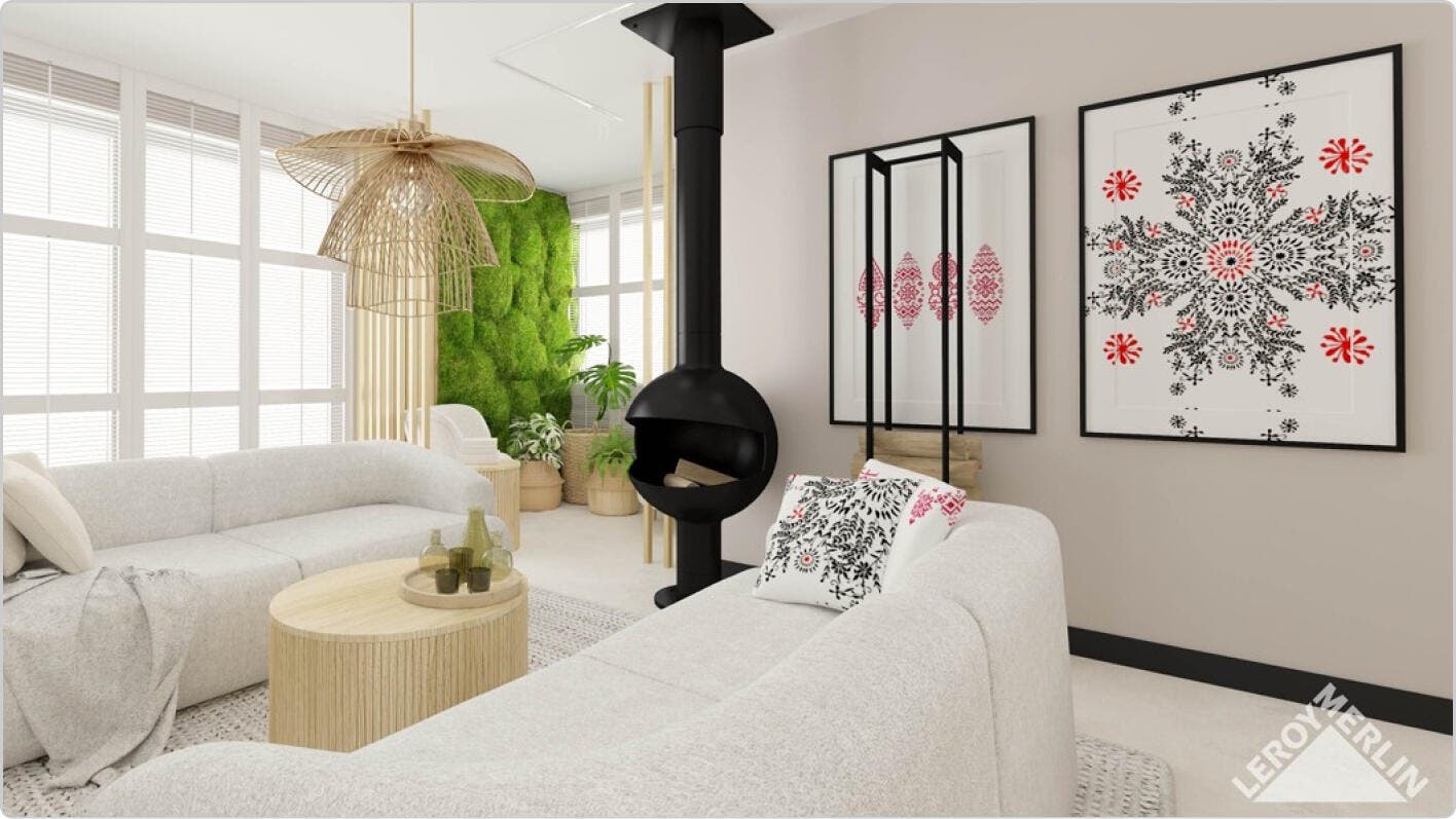 Render projektu salonu z kominkiem