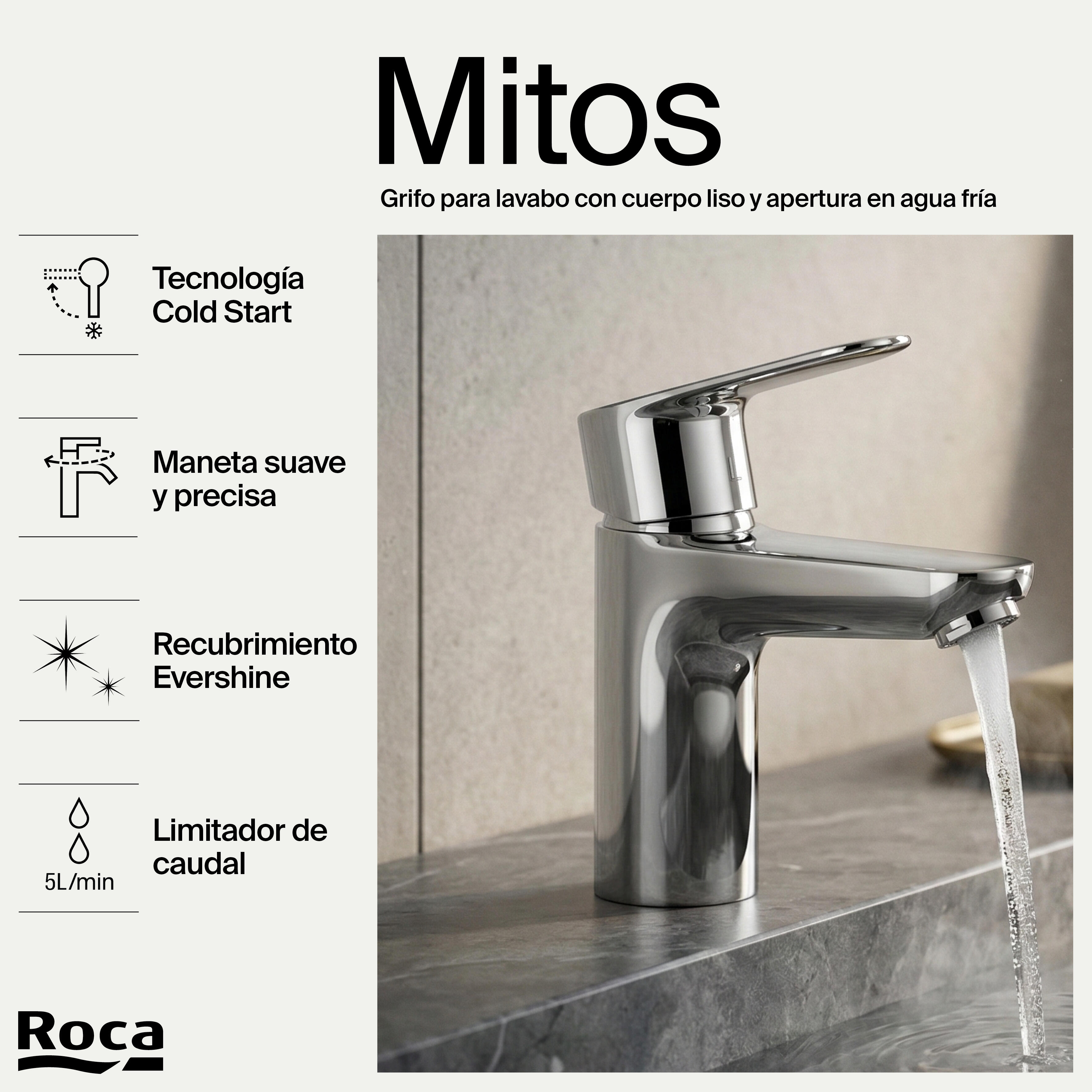 Grifo de lavabo ROCA Mitos-N monomando cromo brillo. Apertura en frío. Antical. Latón. - 5