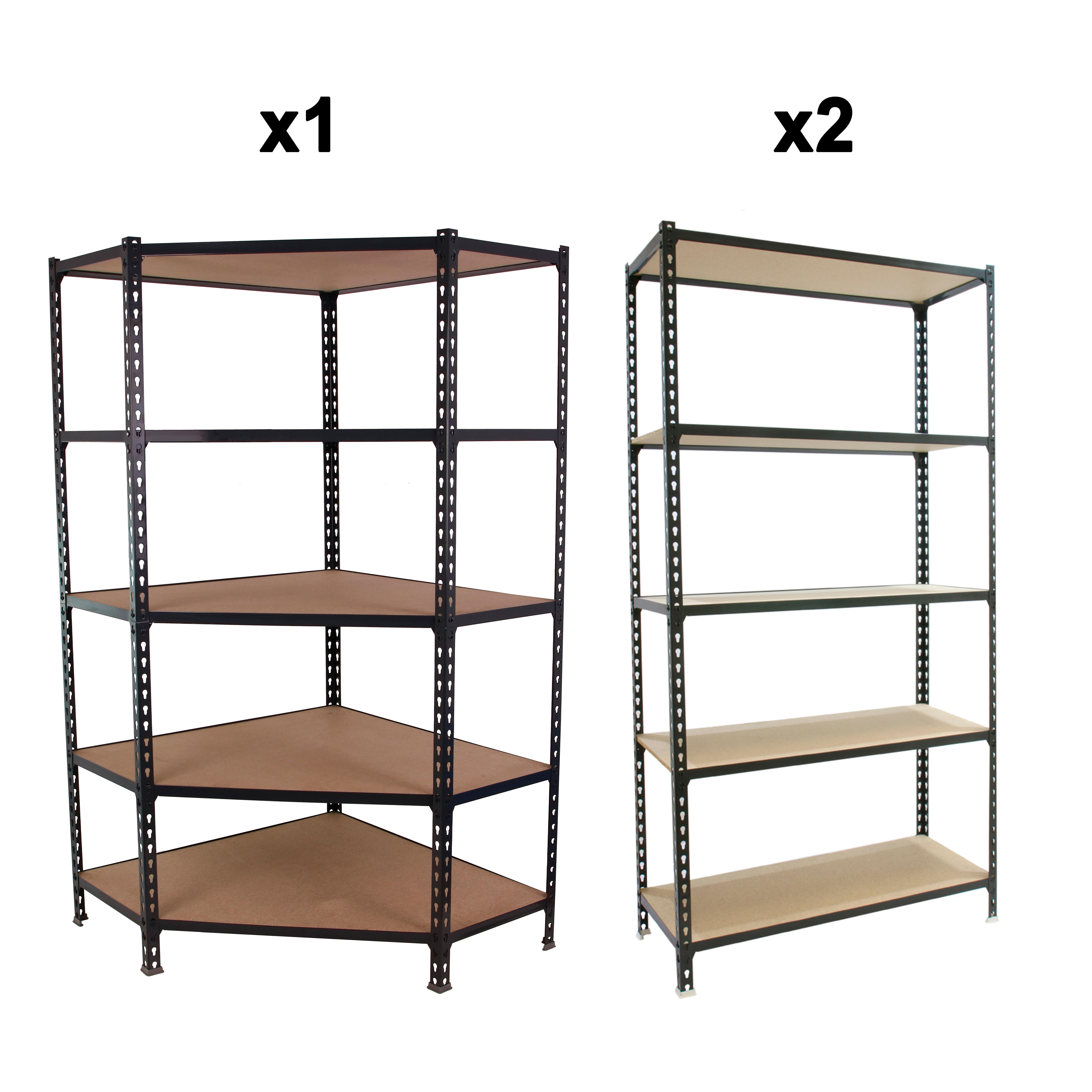 Pack de estantería esquinera de 180x86(+60)x90 cm de 5 baldas y dos estanterías metálicas 180x90x30 cm con 5 baldas simonrack carga máxima 150kg/balda