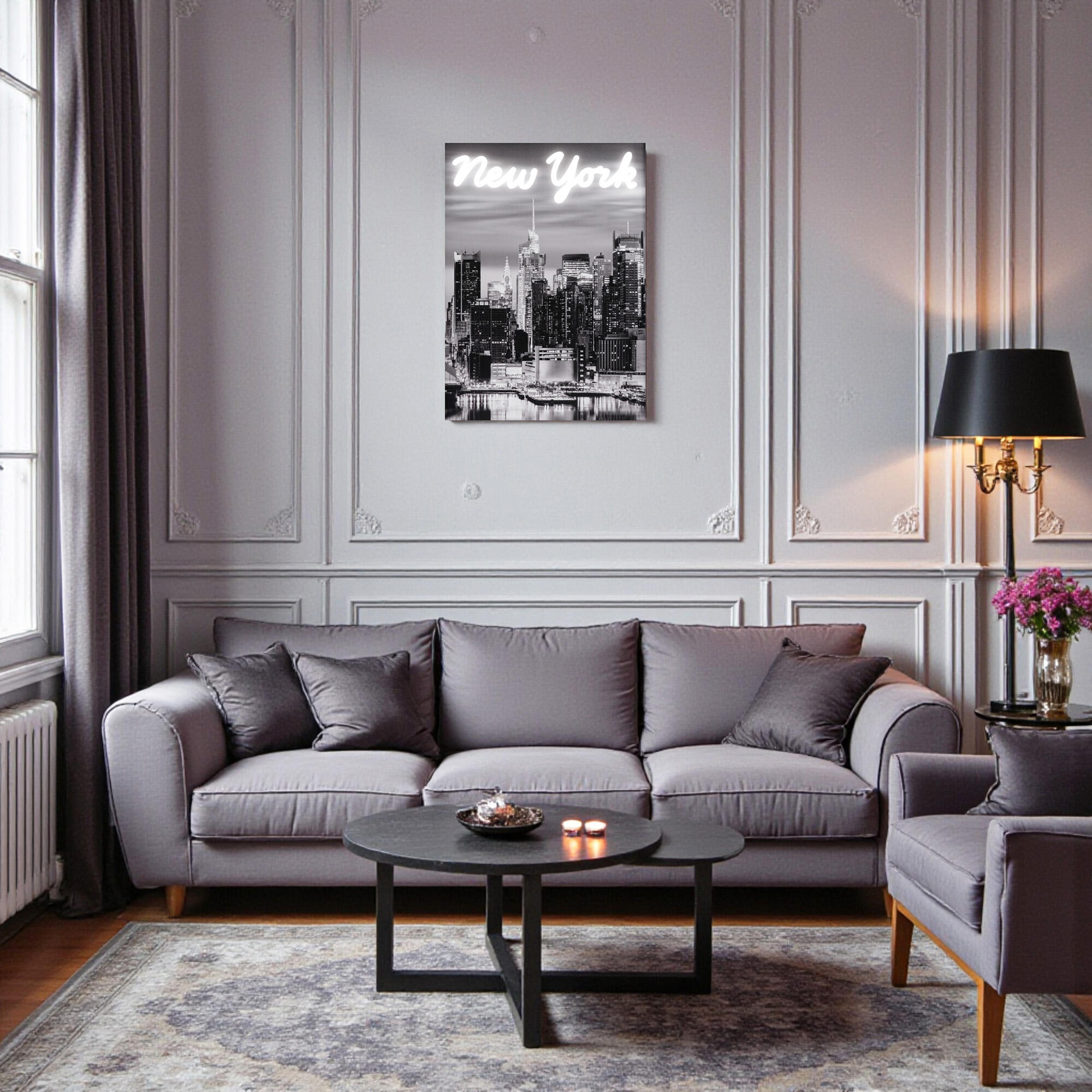Objeto decorativo sin marco urban city rectangular de 30 x 40 cm. plástico neón led nueva york blanco