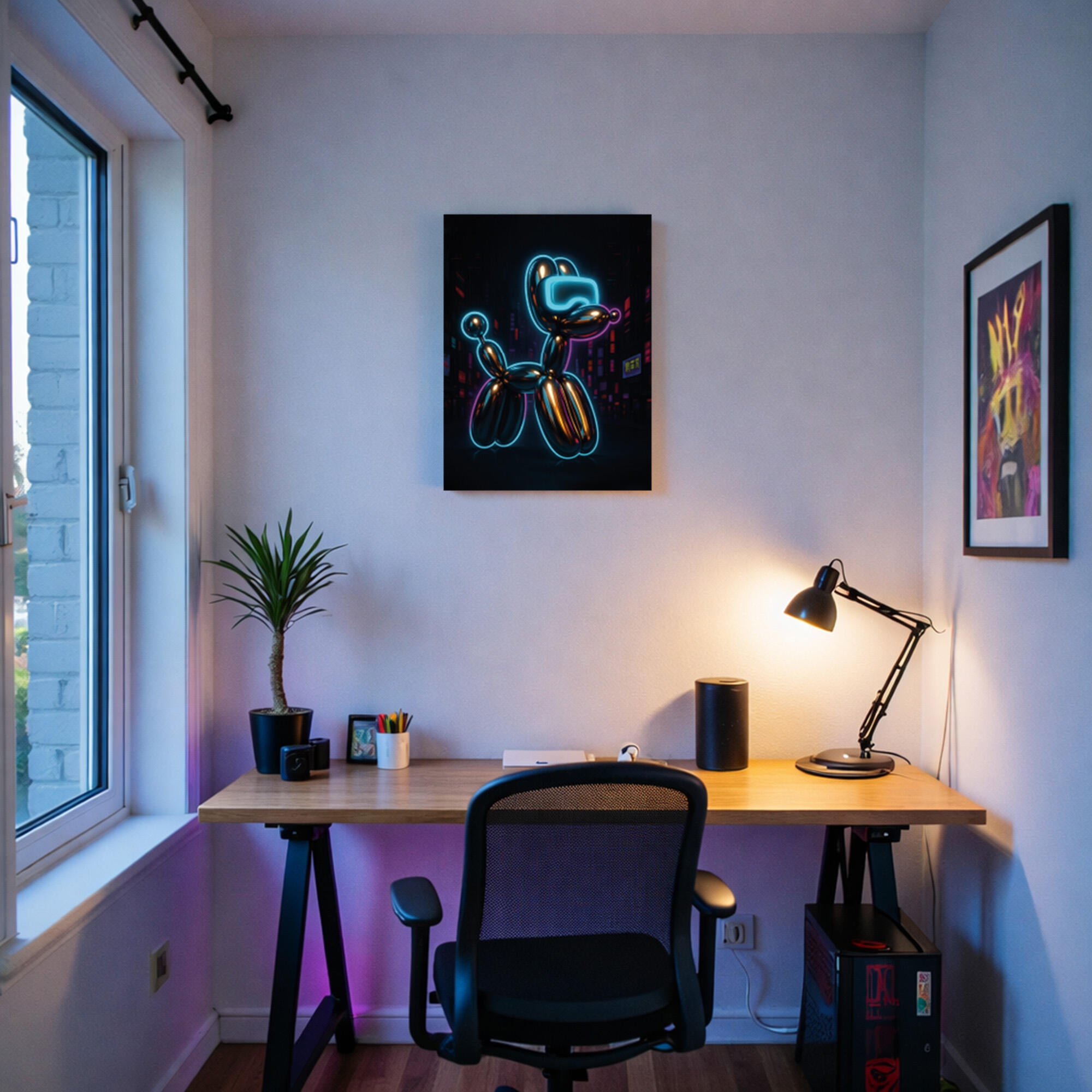 Objeto decorativo sin marco animales rectangular de 30 x 40 cm. plástico neón led perro azul turquesa