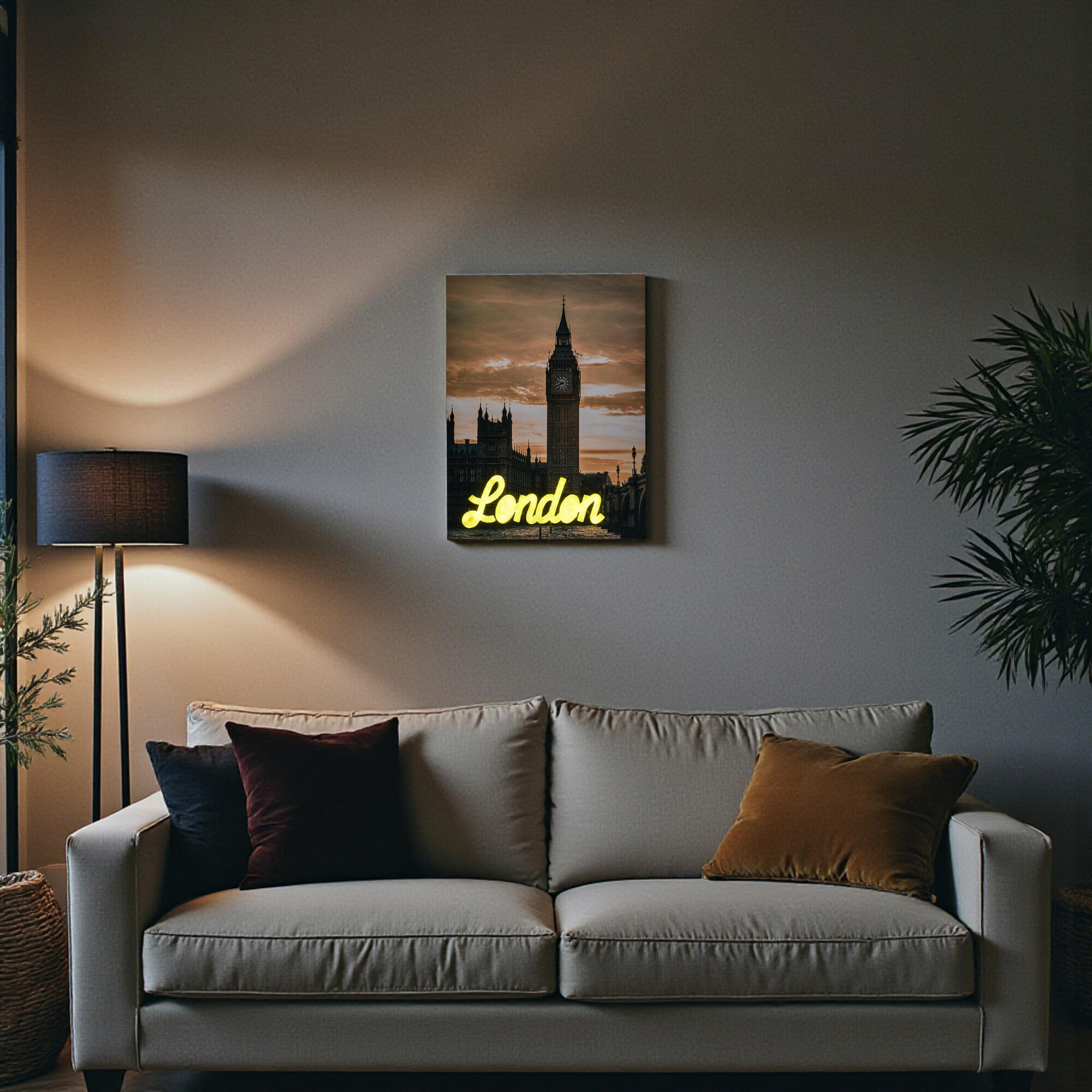 Objeto decorativo sin marco urban city rectangular de 30 x 40 cm. plástico neón led london blanco