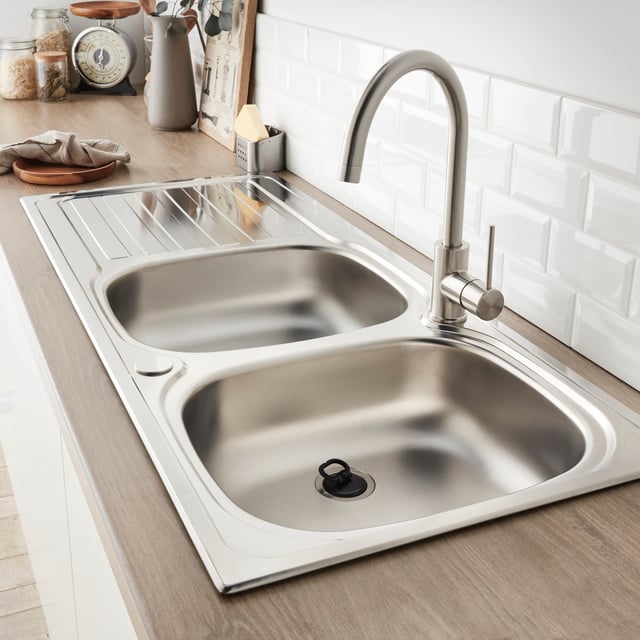 Evier à encastrer 2 bacs avec égouttoir, Inox COMO Gris