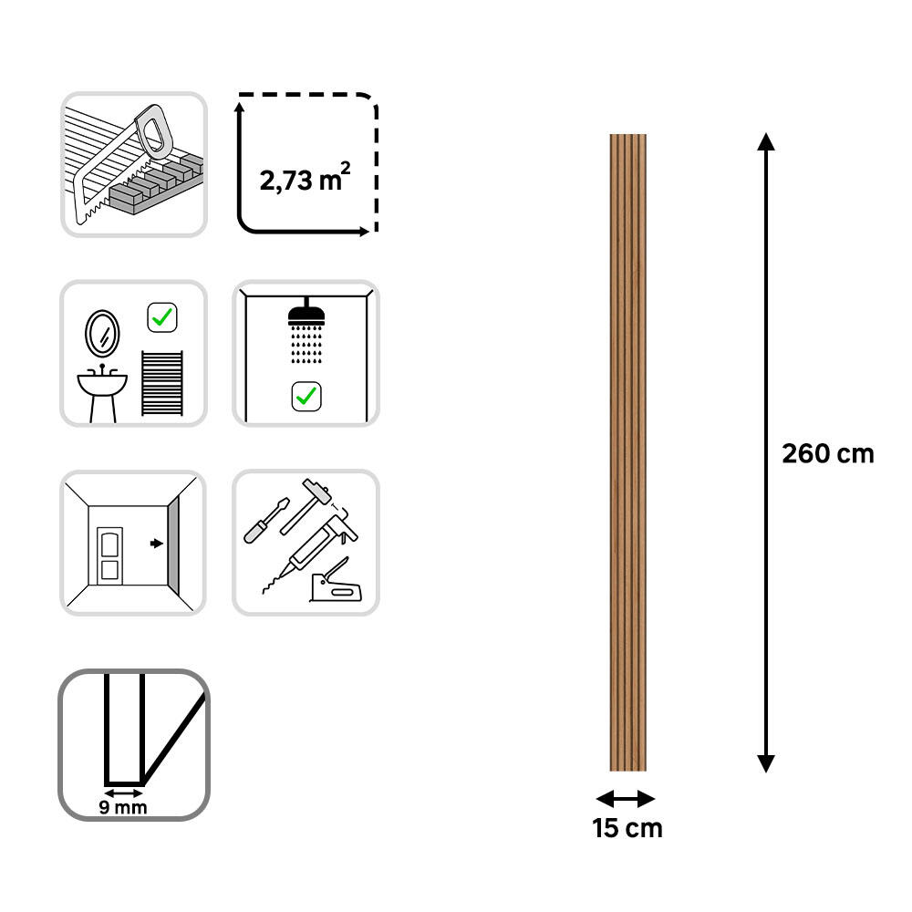 Revestimiento de pared palillería efecto 3D vinílico PVC roble de 260x15cm - 6