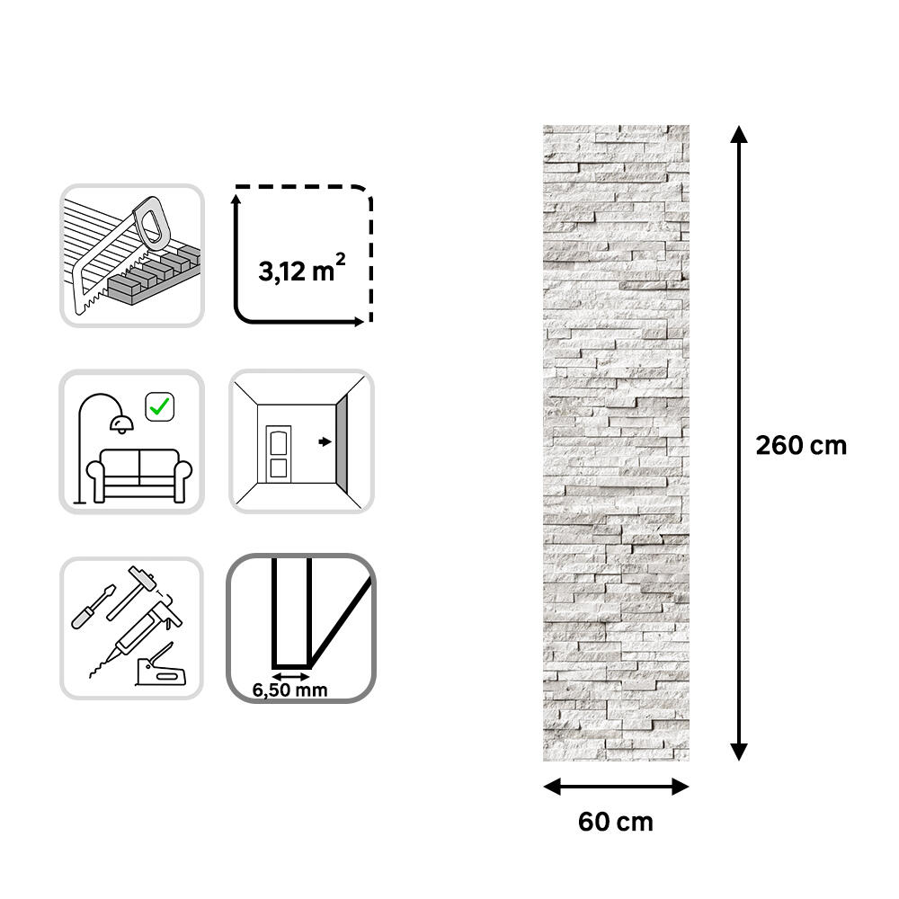 Revestimiento de pared decorativo efecto piedra acústico PET Acoustic Wall blanco de 260x60cm - 4