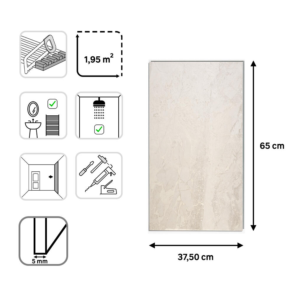 Revestimiento de pared decorativo efecto mármol de PVC Gloss Alcaria blanco de 65x37.5cm - 5