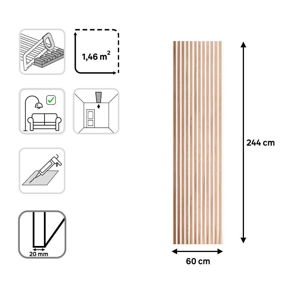 Revestimiento de pared palillería efecto 3D MDF acústico bicolor roble/blanco de 244x60cm - 5