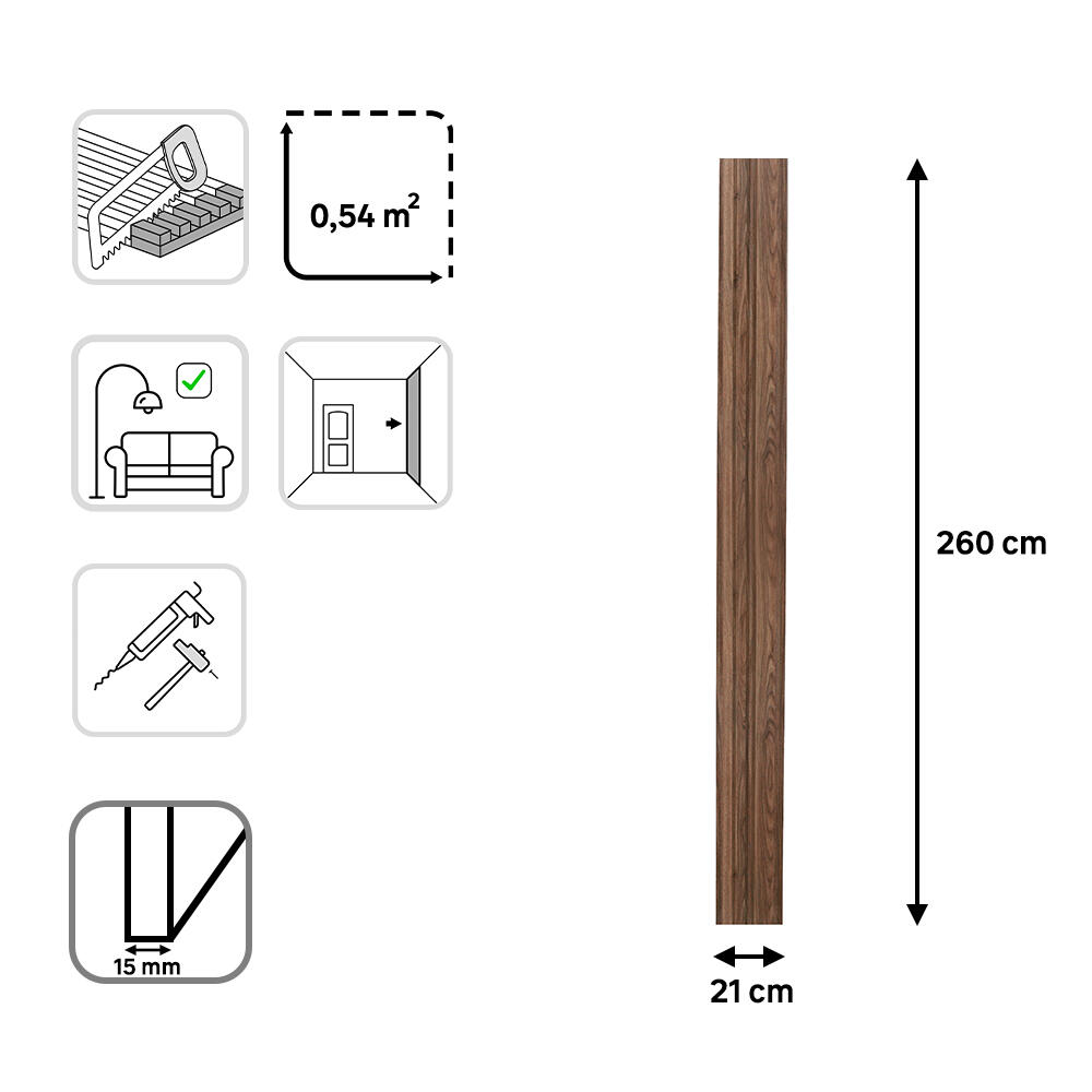Revestimiento de pared de palillería efecto 3D MDF Viggo Artens Nuez 260x21cm - 6