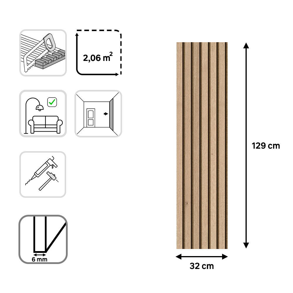 Revestimiento de pared palillería efecto 3D MDF Yute bicolor roble/negro 129X32cm - 3