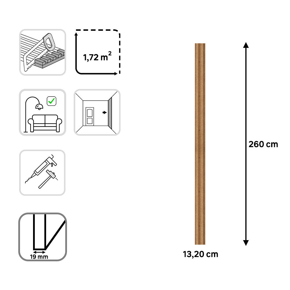 Revestimiento de pared palillería efecto 3D MDF Novo crudo personalizable de 260x13,2cm - 7
