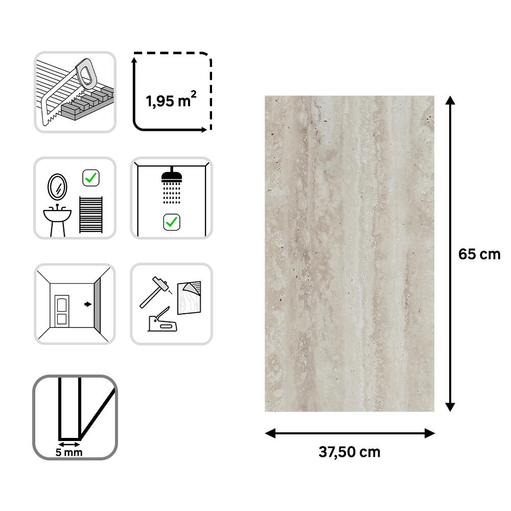Revestimiento de pared decorativo efecto mármol de PVC serie Dumawall+ Travertino beige de 65x37,5cm - 4