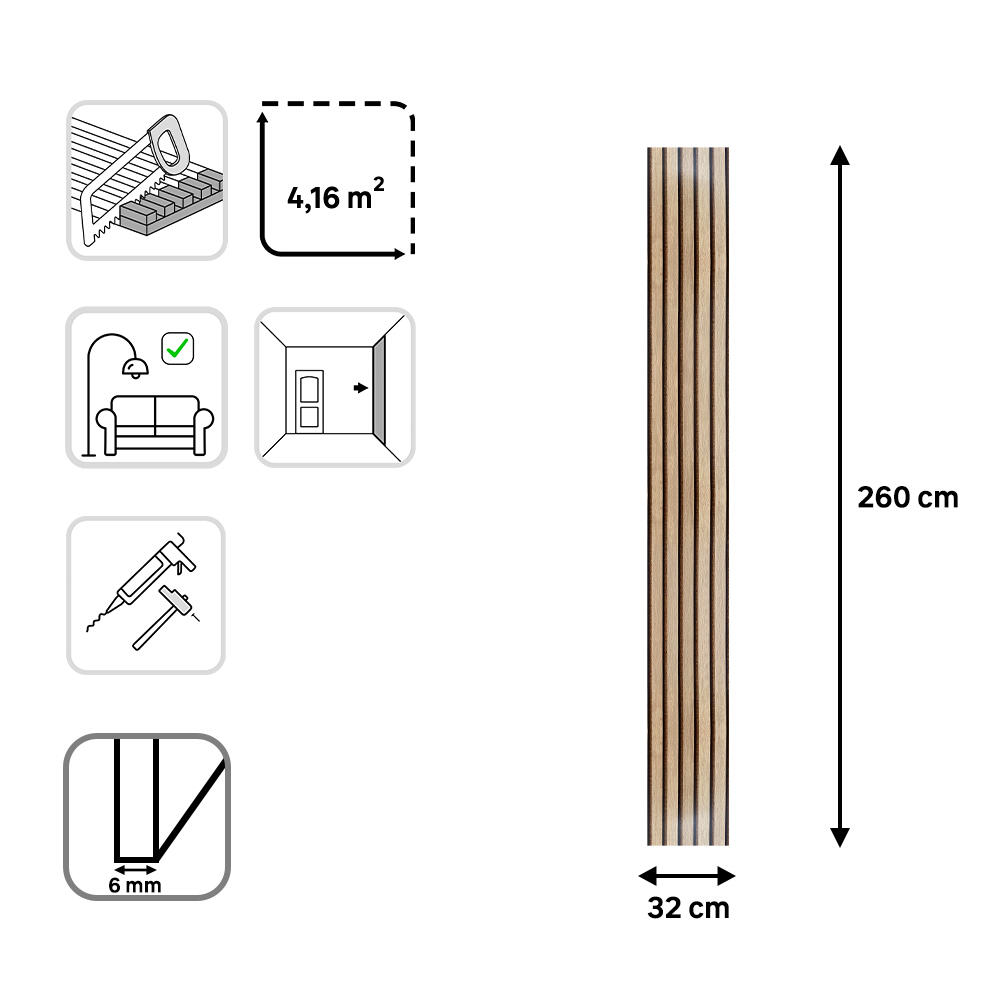 Revestimiento de pared palillería efecto 3D MDF Yute bicolor roble/negro 260X32cm - 4
