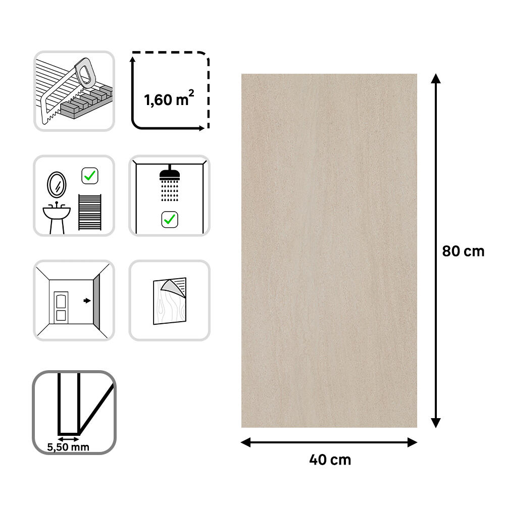 Revestimiento de pared decorativo efecto piedra vinílico SPC Aquiles beige de 80x40cm - 6