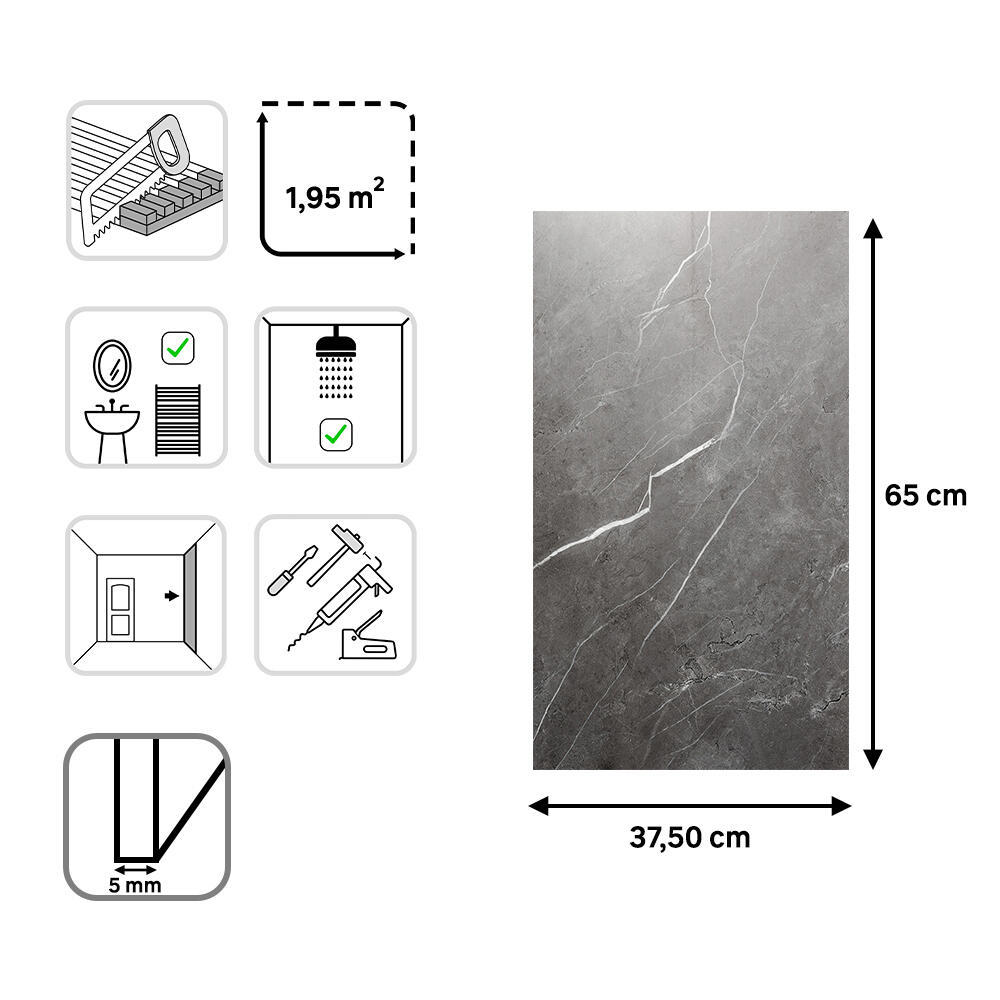 Revestimiento de pared decorativo efecto mármol de PVC Gloss Porto negro de 65x37.5cm - 5