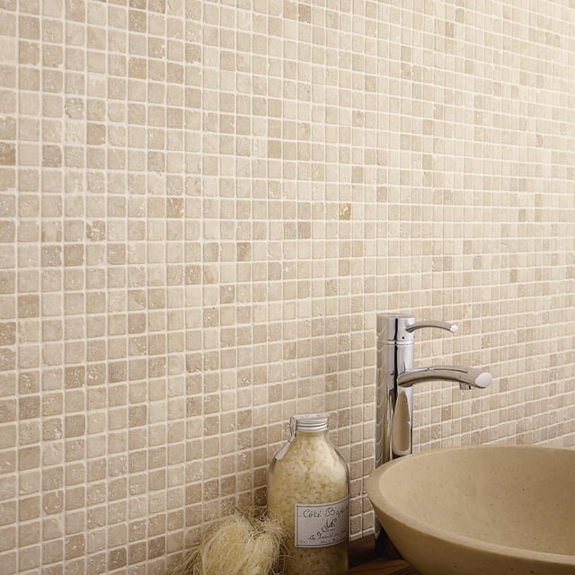 Mosaico in travertino Mineral avorio lucido L 30.5 x L 30.5cm x Sp. 10 mm