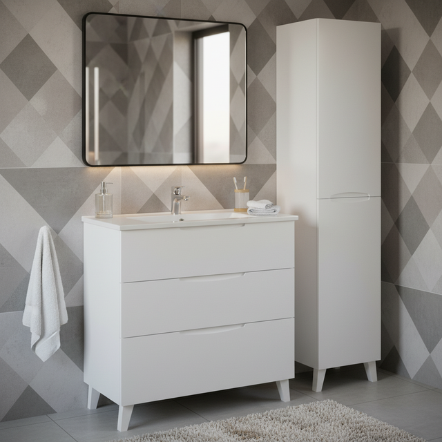 Mueble de baño con lavabo y columna New Asimétrico blanco  100x45 cm