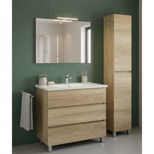 Conjunto de baño con lavabo y columna Espacio Olmo  80x46 cm con 3 cajones