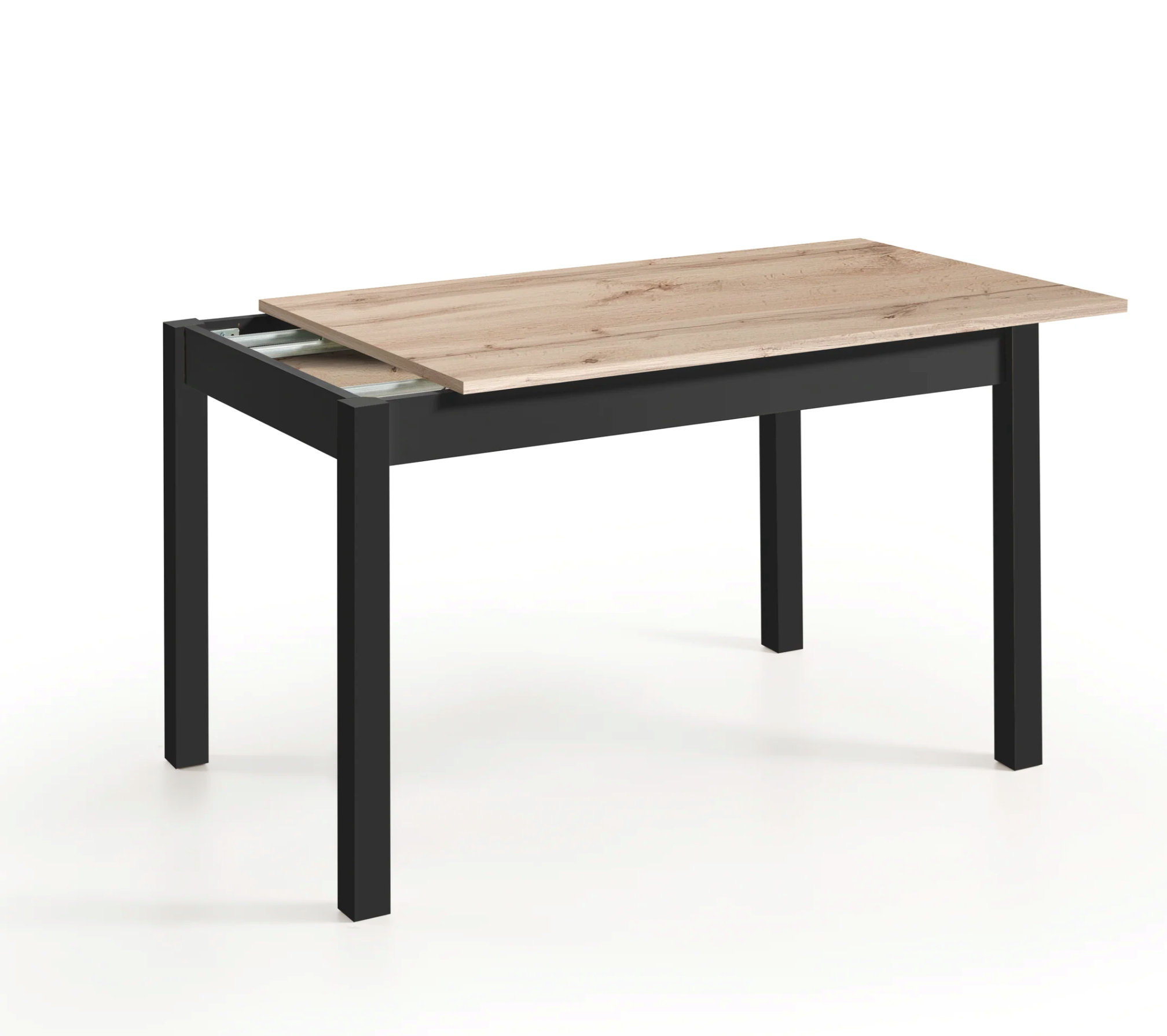 Mesa de cocina extensible arona con encimera laminado roble hercules de 110x70 armazon laminado negro y patas metálicas negras