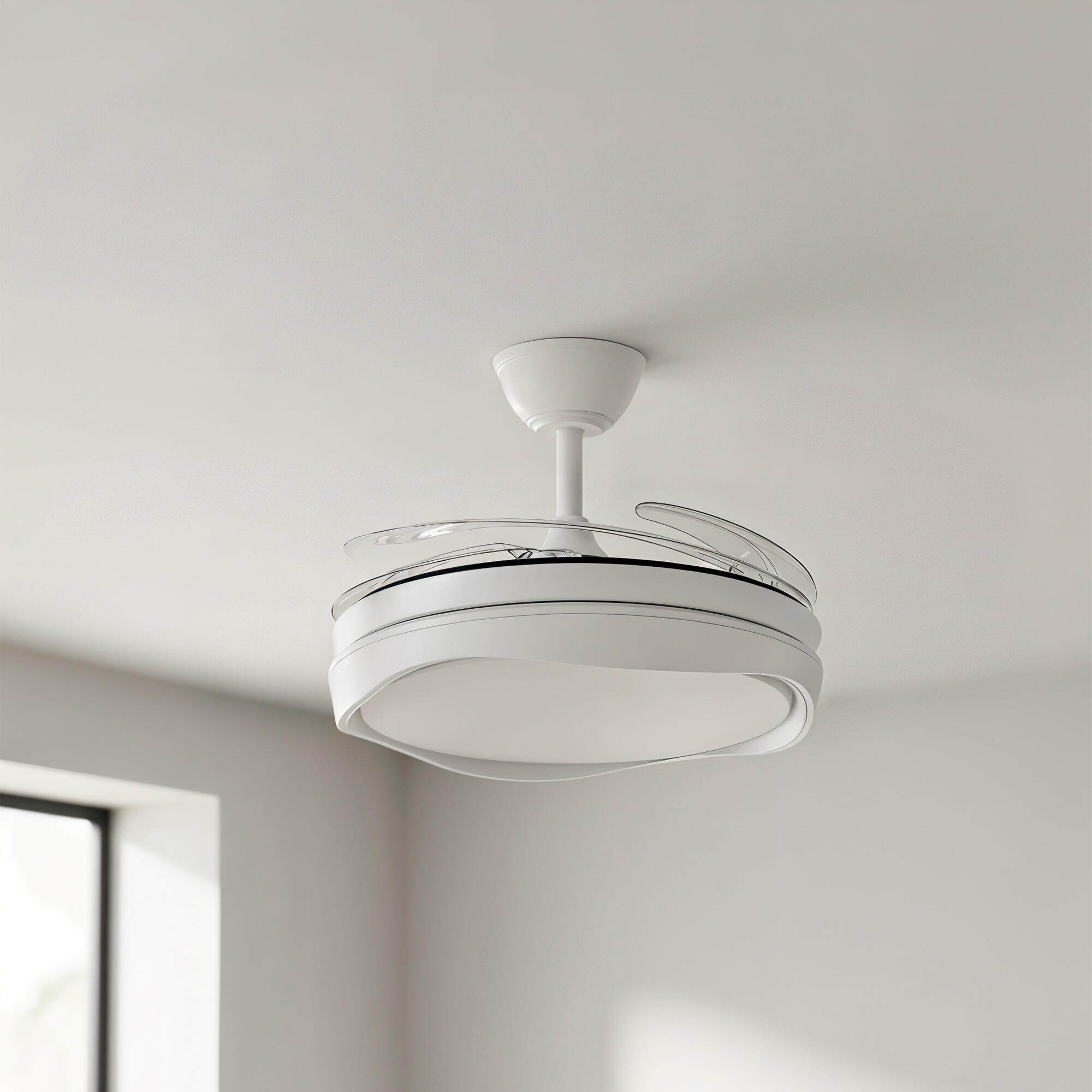 Ventilador de techo con luz silencioso DC 30W con mando ø120 cm Atlas CRISTAL RECORD blanco luz CCT 4 aspas retráctiles tipo lámpara| 7 velocidades| recomendado de 20 a 40m² - 7
