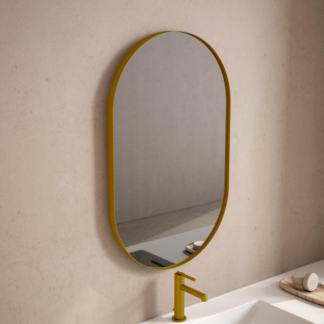 Espejo enmarcado de pared ovalado aluminio dorado mate VISOBATH de 50x80cm. Apto para baños.