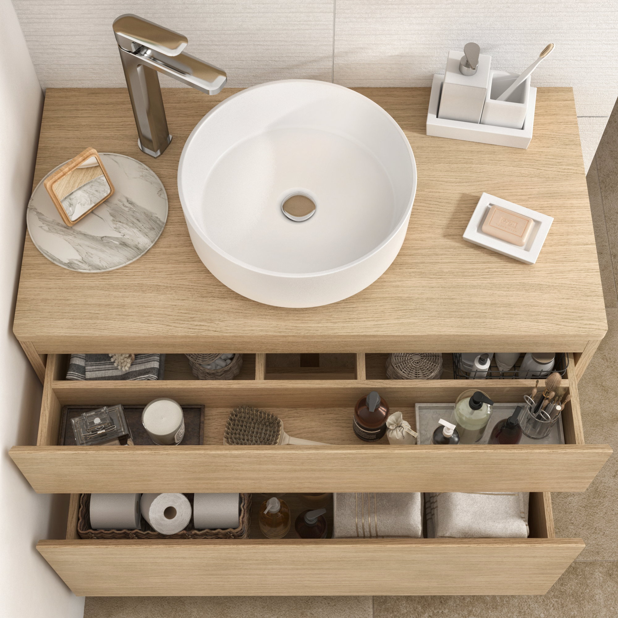 Meuble sous-vasque L.90cm x H.62.5cm x P.48cm placage chêne Natural - 2