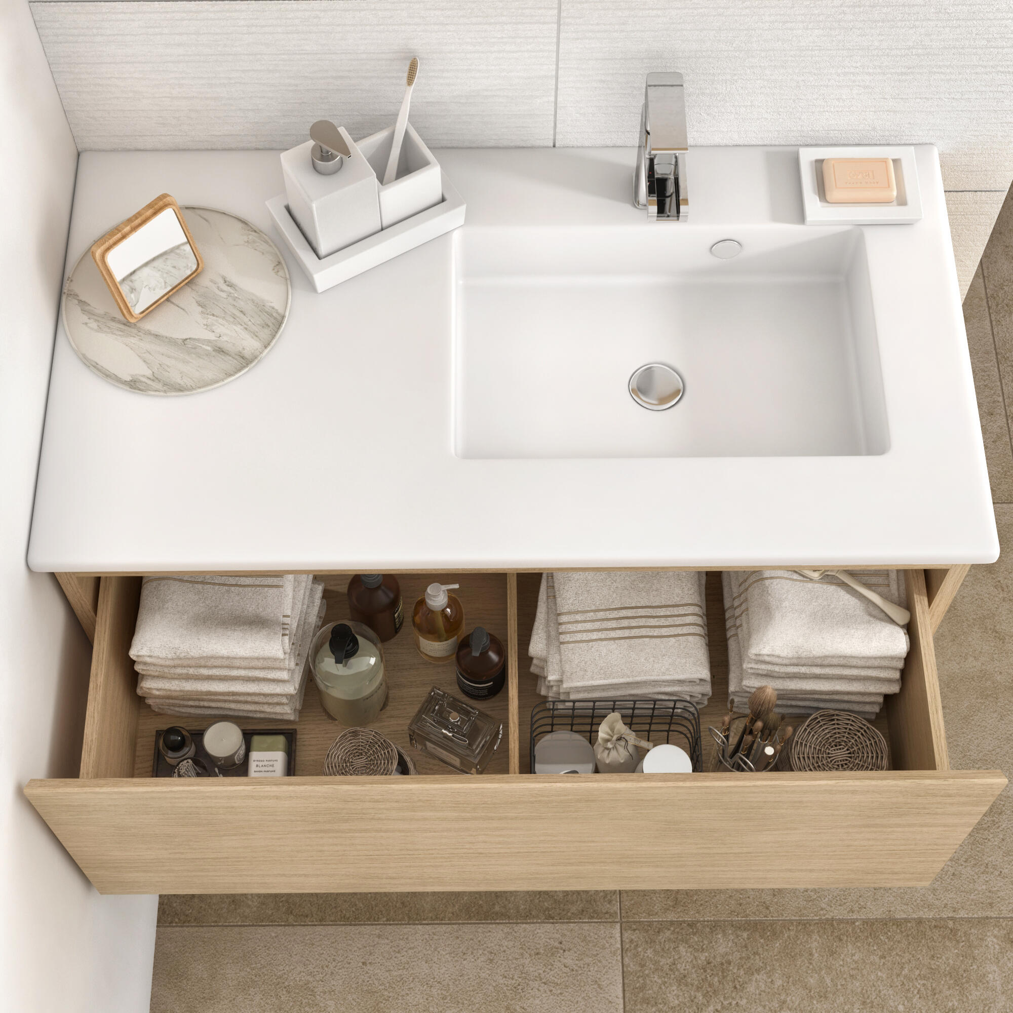Meuble vasque l.90 x H.40.5 x P.48cm plaqué chêne Natural - 2
