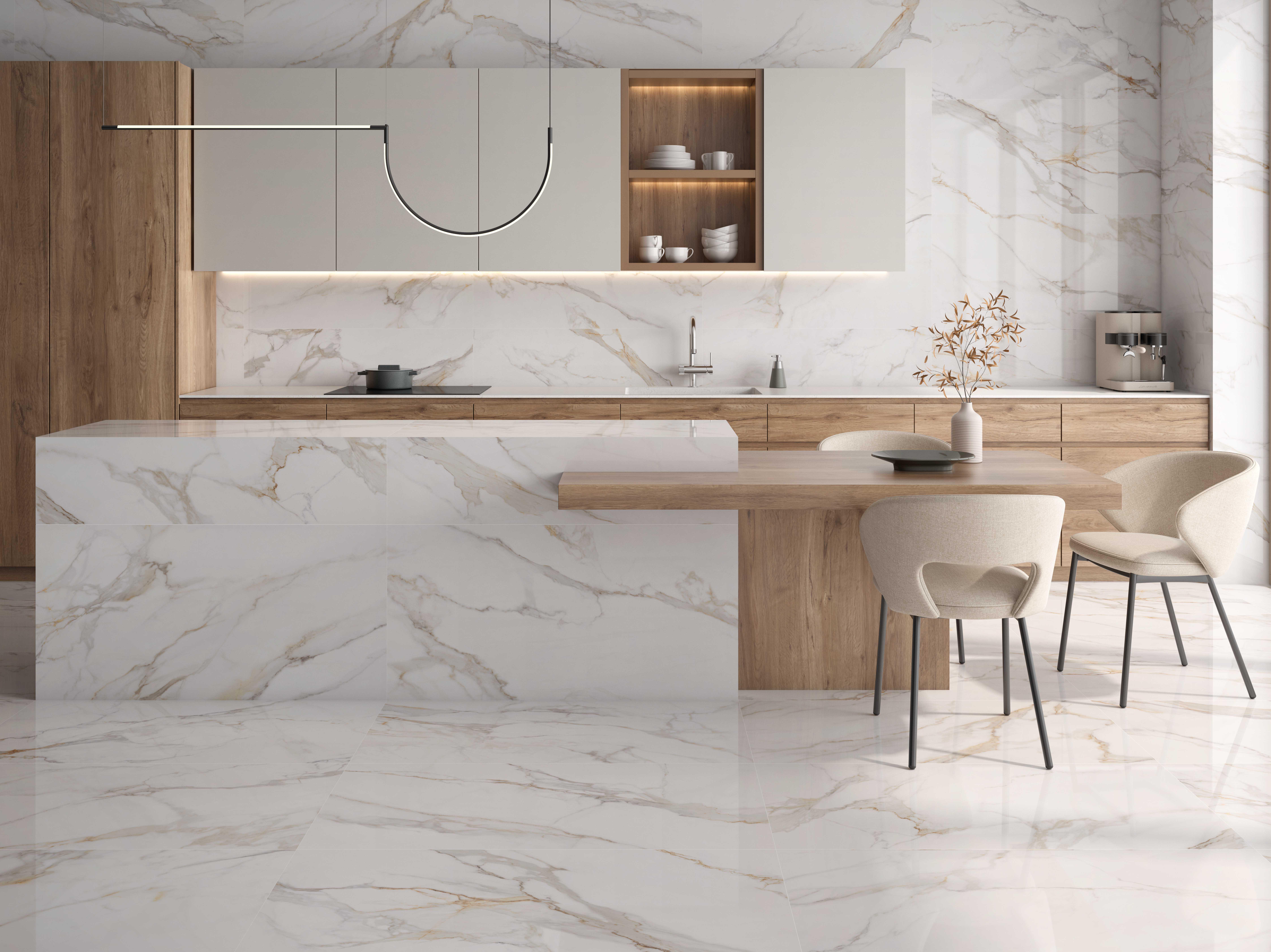 Suelo/Azulejo porcelánico Calacatta Oro efecto mármol blanco vetas Oro ...