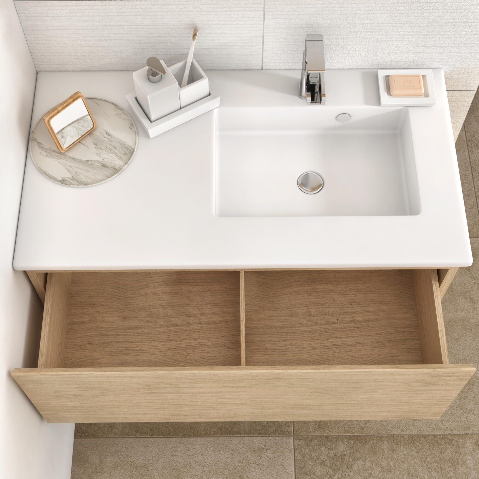 Meuble vasque l.90 x H.40.5 x P.48cm plaqué chêne Natural - 3
