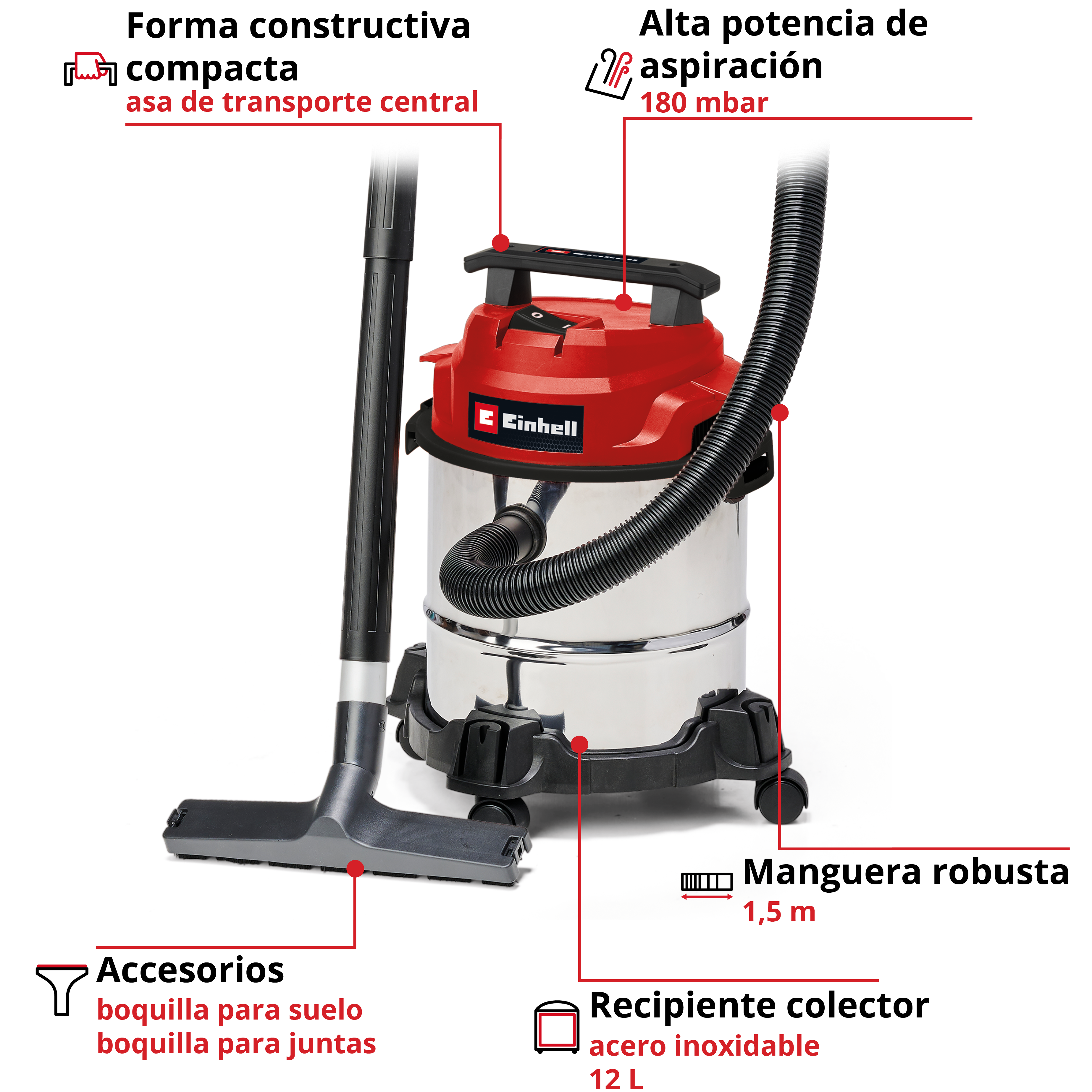 Aspirador a seco e húmido inox 1250 W Einhell TC-VC 1812/1S - 6