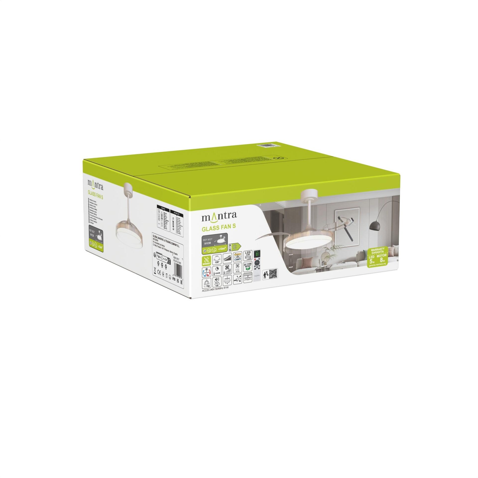 Ventilador de techo con luz silencioso DC 25W con mando ø91 cm Glass Fan MANTRA blanco luz CCT 3 aspas retráctiles tipo lámpara| 8 velocidades| recomendado para <13m² - 10