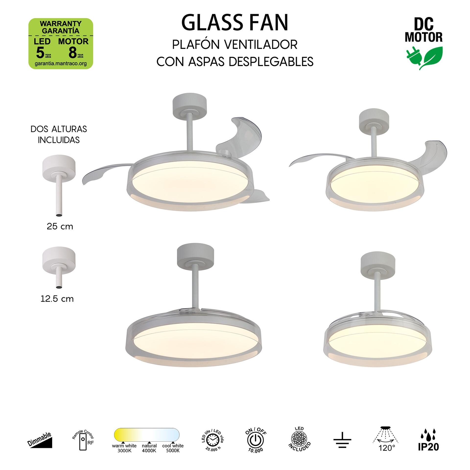 Ventilador de techo con luz silencioso DC 25W con mando ø91 cm Glass Fan MANTRA blanco luz CCT 3 aspas retráctiles tipo lámpara| 8 velocidades| recomendado para <13m² - 16