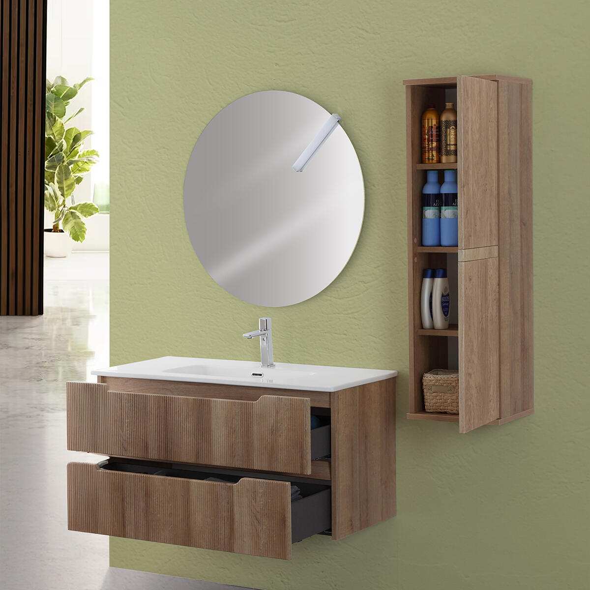 Mobile bagno sospeso con lavabo e specchio L 100 x H 50 x P 45 cm rovere cannettato 2 cassetti Kanne - 3