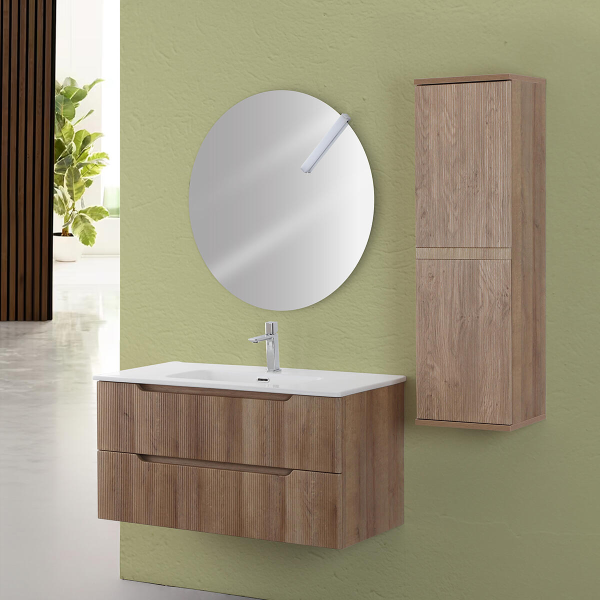 Mobile bagno sospeso con lavabo e specchio L 100 x H 50 x P 45 cm rovere cannettato 2 cassetti Kanne - 2