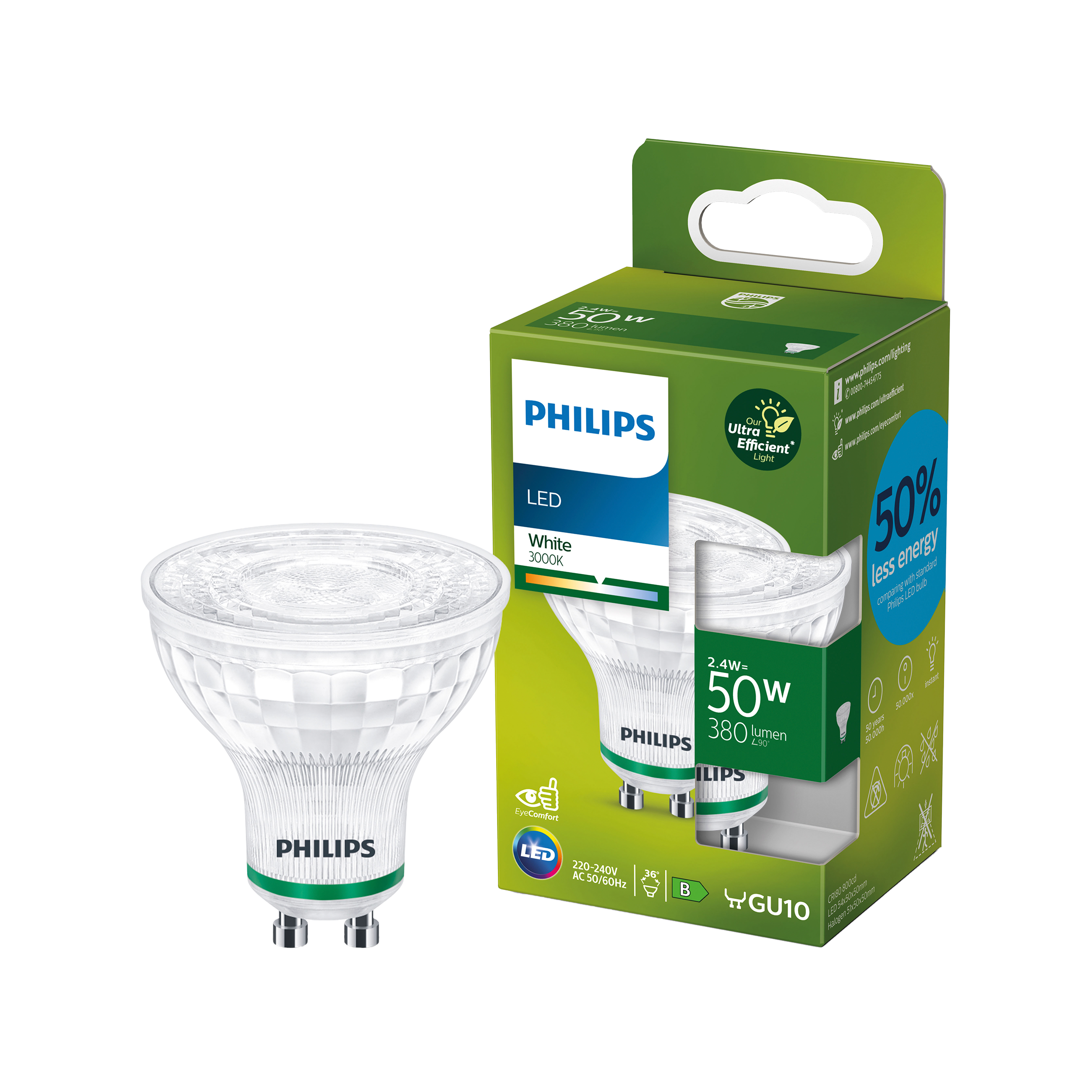 Żarówka LED GU10 2.4 W = 50 W 380 lm Ciepła biel Philips klasa A